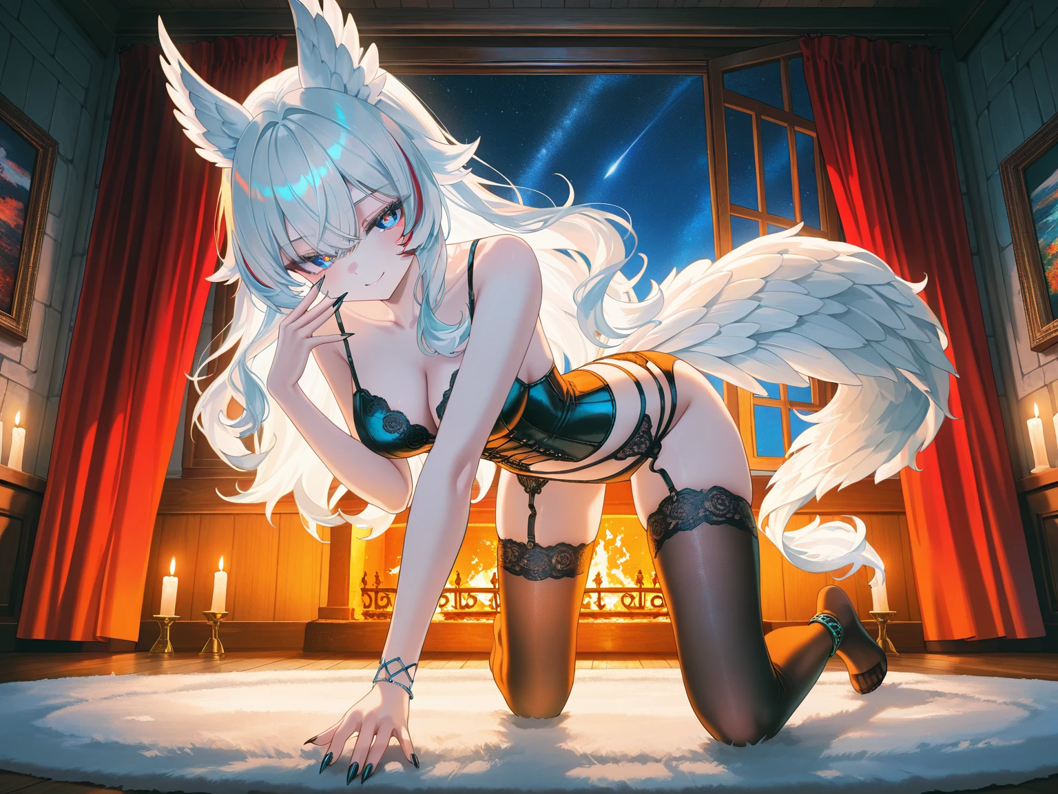 {{masterpiece}}, best quality, extremely detailed CG unity 8k wallpaper, cinematic lighting, lens flare, beautiful detail eyes, black,  side glance,  multicolor short white hair, colorful light, particles, heterochromia, (colorful:1.5), (colorful hair:1.5),  white ,  armor, wings on back,  slip, 