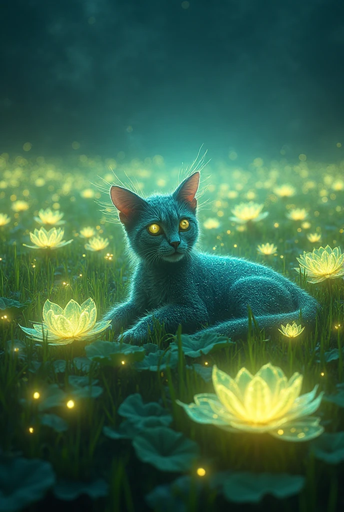 Space alien cat, is sitting around in the middle of a huge meadow ...