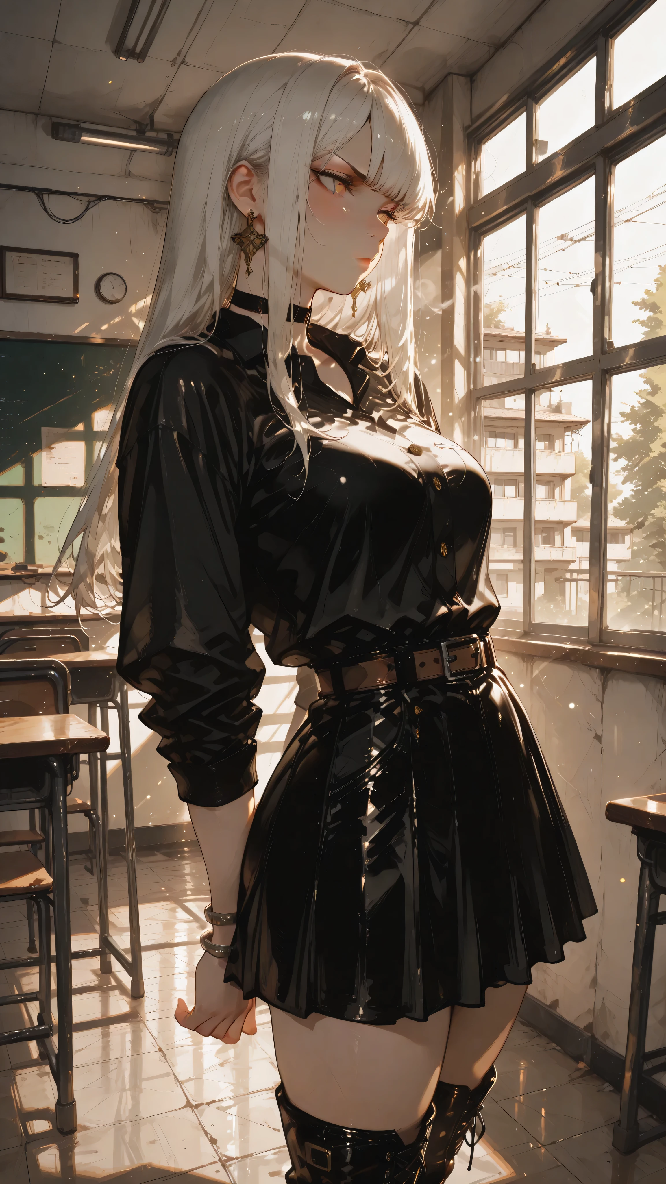 Anime girl character, long straight hair, straight bangs, white hair, gold eyes, Dandere expression, stare at the floor, pupils dilated, slightly blushing, dramatic pout, toned body. Wearing a Nobara Kugisaki cosplay uniform consisting of a stylized black top, a black skirt and a brown belt, black leather over-the-knee boots, silver choker, earrings, silver bracelet. Standing in the center of the room, hands behind your back, classroom, day, large window, side angle. Anime illustration, dynamic angle, dramatic perspective, masterpiece, ultra-detailed, dynamic volumetric lighting, bokeh background, cinematic atmosphere, ultra-sharp focus, soft shadows, realistic shading, realistic anime skin texture, realistic anime fabric folds, dark ethereal style, haunting ethereal atmosphere.