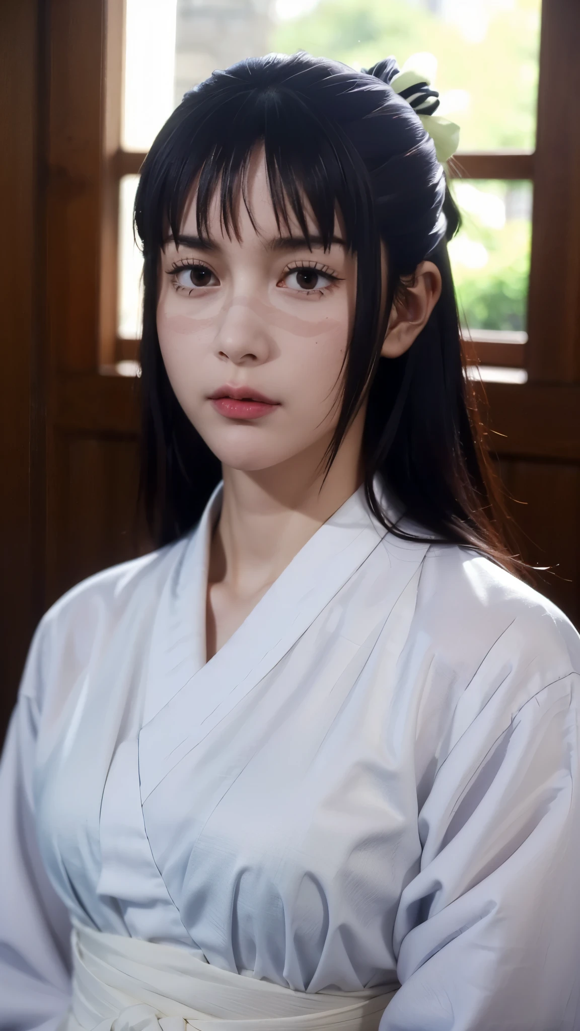 A hyper-realistic and ultra-detailed half-body portrait of Utahime Iori from Jujutsu Kaisen, elegant and composed, with long dark brown hair tied neatly, wearing her traditional jujutsu sorcerer uniform with layered kimono and haori, subtle makeup highlighting her sharp eyes and calm expression. The image should capture fine fabric textures, natural skin tones, realistic hair strands, and intricate details in her clothing folds. Cinematic lighting, depth of field, and lifelike realism, highly detailed, 8k, masterpiece, photorealistic