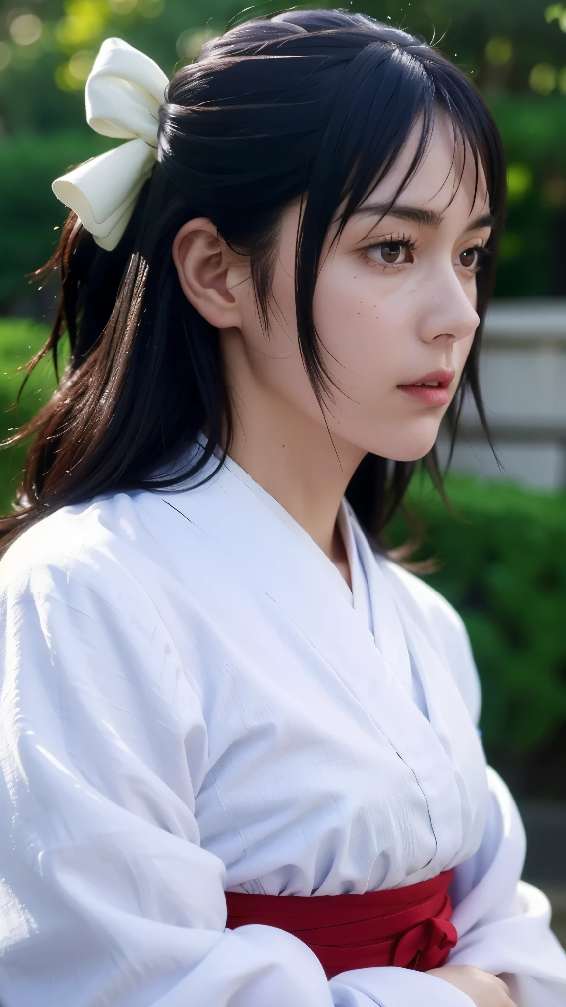 A hyper-realistic and ultra-detailed half-body portrait of Utahime Iori from Jujutsu Kaisen, elegant and composed, with long dark brown hair tied neatly, wearing her traditional jujutsu sorcerer uniform with layered kimono and haori, subtle makeup highlighting her sharp eyes and calm expression. The image should capture fine fabric textures, natural skin tones, realistic hair strands, and intricate details in her clothing folds. Cinematic lighting, depth of field, and lifelike realism, highly detailed, 8k, masterpiece, photorealistic
