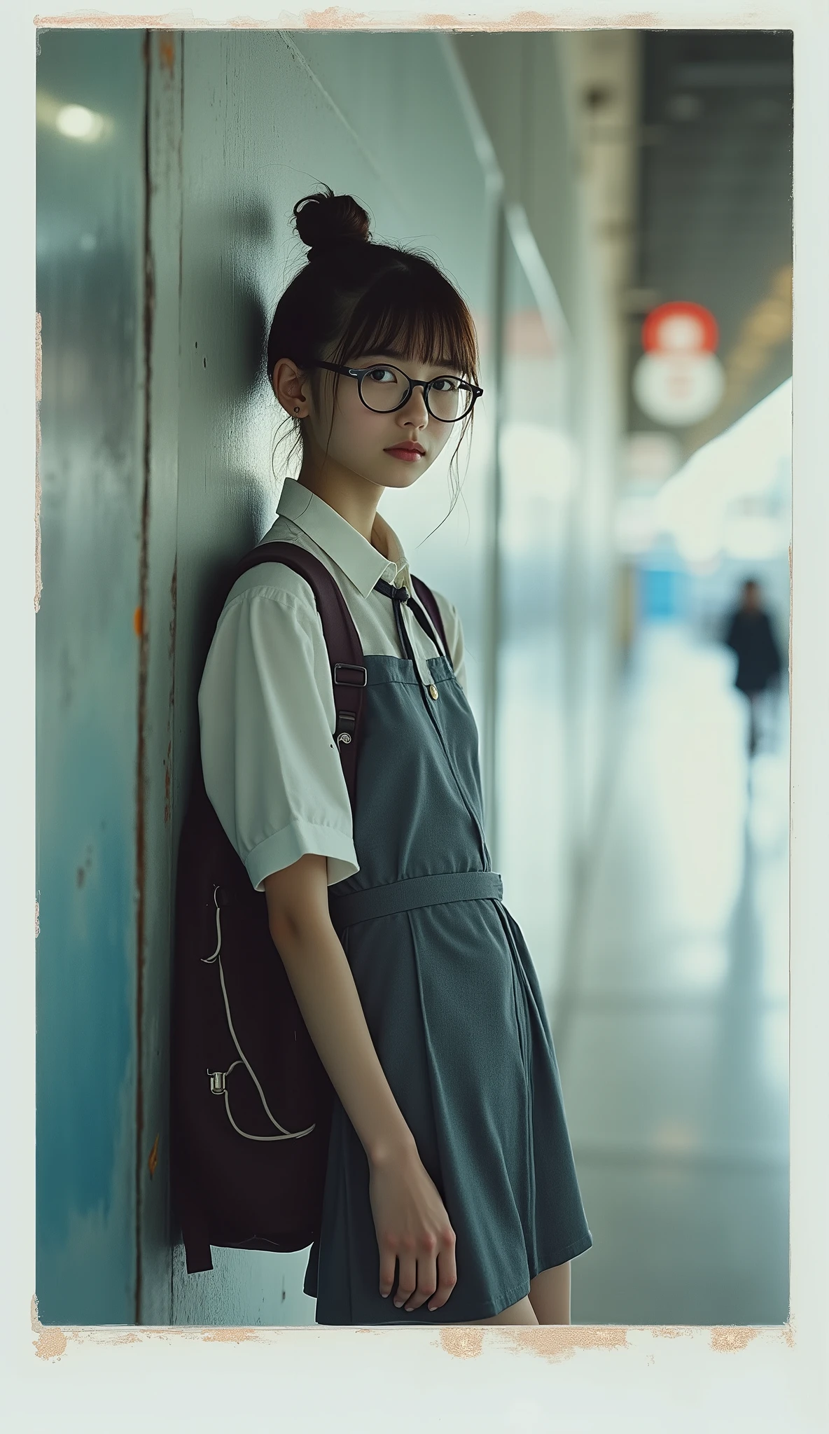 (overlay: Polaroid frame borders, full body shot, rendezvous in youth at the station, Scrawny petite delicate 13yo thin Girl in neat school uniform, Leaning against the wall, She notices me, a little slight grin, with backpack, with wired earphones, hair bun, with glasses, during the blue moment, stunning light expression, hyperrealism, Biologically correct images:16, innocence, neat and clean, Highest resolution, masterpiece),
(super delicate Scrawny super skinny anorexic pretty petite thin 13yo girl:16, extremely thin, skinny super small babyface as pretty petite 12yo girl:16, extremely skinny anorexic bony pretty petite body as super delicate pretty petite 12yo thin girl, big round eyes, glossy detailed big pupils, no makeup, Beautiful contours, no moles, fairy pale thin skin, very delicate and very narrow shoulders as thin 11yo pretty petite girl, super skinny 11yo girlish thin thighs, skinny 11yo girlish small ass),