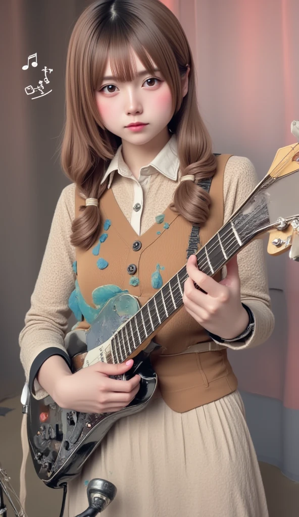 High school girl blazer、 uniform、Red checked knee-length skirt、Long skirt、JK Style、Jacket、smile、Knee-high socks、Thigh-high socks、pantyhose、A superb beauty、Super cute、ennui、Rare beauty、Black Dark Eyeshadow、Sad、Good skin glow、Long hair straightener、Dark Gothic Makeup、Dark Smile、Fragrant beauty、Stained glass background、Mastepiece、Best Quality、Refers to 5 books、Sweat glistening on my chest、Sweat glistening on my face、Small breasts、Golden Hair、Age 22 years old、Slightly slim、Mysterious look、A sad expression、Gold Hair、mysterious gothic church、enchanting castle、Sweating profusely all over the body、A lot of sweat and light on the thighs、Shiny thighs、Plenty of sweat glistening on the thighs、A large amount of sweat glistens on my thighs、Sweating profusely、Gal、Small breasts、japanese face、Alluring expression、Thin thighs、Playing guitar、I have a guitar、Sing a song enthusiastically、Playing guitar in a band、Playing guitar chords、Live House Background、Sing a song、Open your mouth、Live house scenery、Mike stand、Glamorous live stage、Dynamic Angle、Platform boots、Are standing、Hime cut hair、Gothloli 、