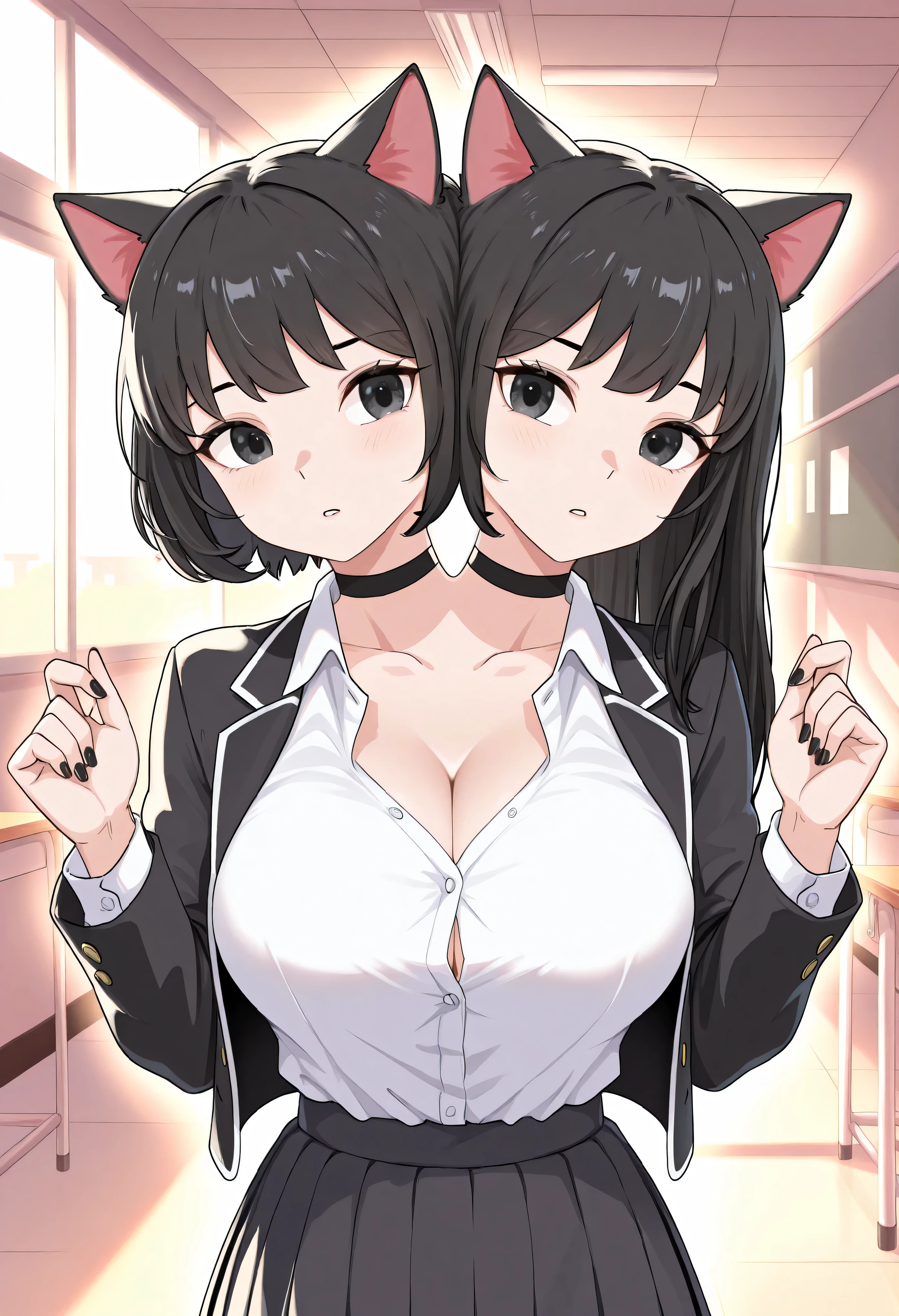 conjoined, 2girls, 2heads, two heads, a tall thin girls with 2 heads, black hair, black eyes, short hair, long hair, white shirt, black jacket, skirt, school uniform, open jacket, large breasts, black manicure, black choker, school, front shots, upper body, cat ears, 
