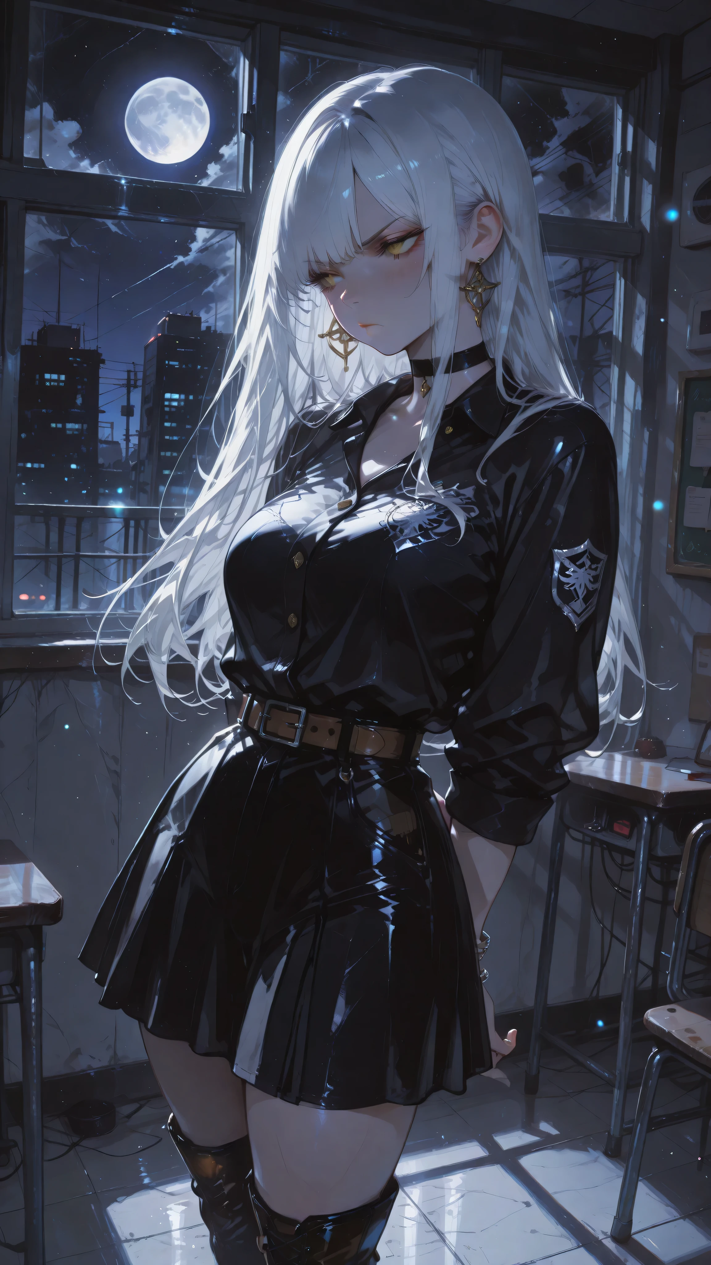 Anime girl character, long straight hair, straight bangs, white hair, gold eyes, Dandere expression, stare at the floor, pupils dilated, slightly blushing, dramatic pout, toned body. Wearing a Nobara Kugisaki cosplay uniform consisting of a stylized black top, a black skirt and a brown belt, black leather over-the-knee boots, silver choker, earrings, silver bracelet. Standing in the center of the room, hands behind your back, classroom, night, large window, full moon in the background, side angle. Anime illustration, dynamic angle, dramatic perspective, masterpiece, ultra-detailed, dynamic volumetric lighting, bokeh background, cinematic atmosphere, ultra-sharp focus, soft shadows, realistic shading, realistic anime skin texture, realistic anime fabric folds, dark ethereal style, haunting ethereal atmosphere.