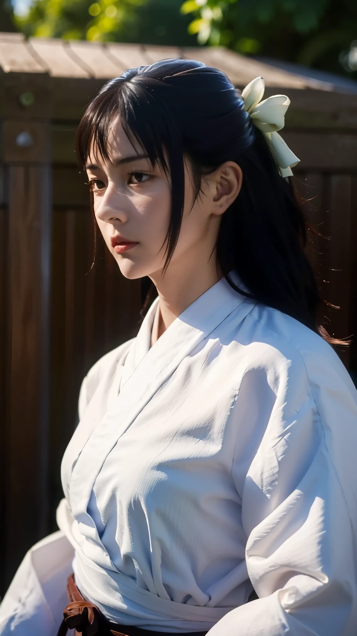 A hyper-realistic and ultra-detailed half-body portrait of Utahime Iori from Jujutsu Kaisen, elegant and composed, with long dark brown hair tied neatly, wearing her traditional jujutsu sorcerer uniform with layered kimono and haori, subtle makeup highlighting her sharp eyes and calm expression. The image should capture fine fabric textures, natural skin tones, realistic hair strands, and intricate details in her clothing folds. Cinematic lighting, depth of field, and lifelike realism, highly detailed, 8k, masterpiece, photorealistic