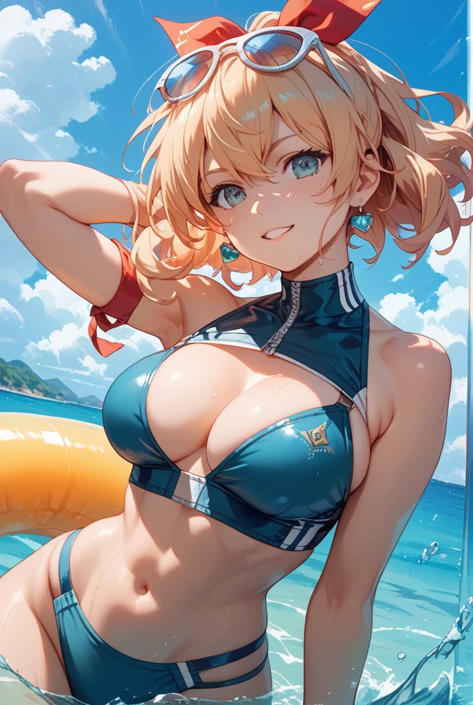 1 girl, medium gold hair, light green eyes, j cup ?????? size, powder blue ?????? with lightning bolts, beach, high res, 8k, masterpiece, looking at viewer, nice smile, (masterpiece), best quality, expressive eyes, perfect face, ???????????? to the left, hands behind her back