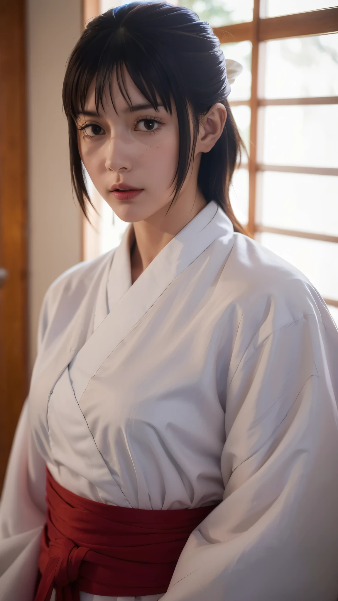 A hyper-realistic and ultra-detailed half-body portrait of Utahime Iori from Jujutsu Kaisen, elegant and composed, with long dark brown hair tied neatly, wearing her traditional jujutsu sorcerer uniform with layered kimono and haori, subtle makeup highlighting her sharp eyes and calm expression. The image should capture fine fabric textures, natural skin tones, realistic hair strands, and intricate details in her clothing folds. Cinematic lighting, depth of field, and lifelike realism, highly detailed, 8k, masterpiece, photorealistic
