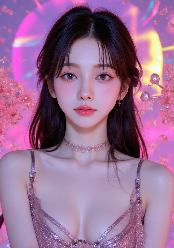 A beautiful and  1 girl who looks like a Chinese or Vietnamese girl, ((Wearing pajamas to hide her big round : 1.tremely  in a small camisole, short hair long and purple hair, the most detailed and beautiful hair jewelry, ((wearing a light purple lace necklace:1.6)), Super cute little face Extremely pretty face, thin eyebrows, flawlessly beautiful face dark spots, ((black eye pupils: 0.8)), very beautiful eyes, ((purple eyes: 1.4)), beautiful and detailed eyelashes, high nose, earrings, thin lips, plump red lips, forbidden to smile, beautiful lips, slim arms, The most beautiful thighs, ((2 arms reaching out to the sides: 1.5) ), healthy limbs, 1 hand stroking hair, rosy face, clean face, flawless beautiful face blemishes, smooth white skin, (: 1.5)), flat , beautiful cleavage, ((big and super round : 1.5)), ((super firm) : 1.4)), (( augmentation: 1.6)), beautiful , 2 hands behind her back, beautiful girl's upper body, 8k photo, super high quality, super realistic, 10x super pixel, real photo, dark studio, border light, two-tone light color, ( highly detailed skin: 1.2), 8k ultra, soft light, high quality, volumetric light, realistic, Photo, high resolution, light, best photo, 4k quality, 8k, effect blur effect, Smooth and sharp, 10x pixels, (galaxy: 1.7), aurora, lightning, surreal graphics, most realistic graphics, alone, solo, Extremely sharp, surreal images, ( (frontal portrait: 1.2))." The whole body is turned about 30 degrees, the face is facing forward