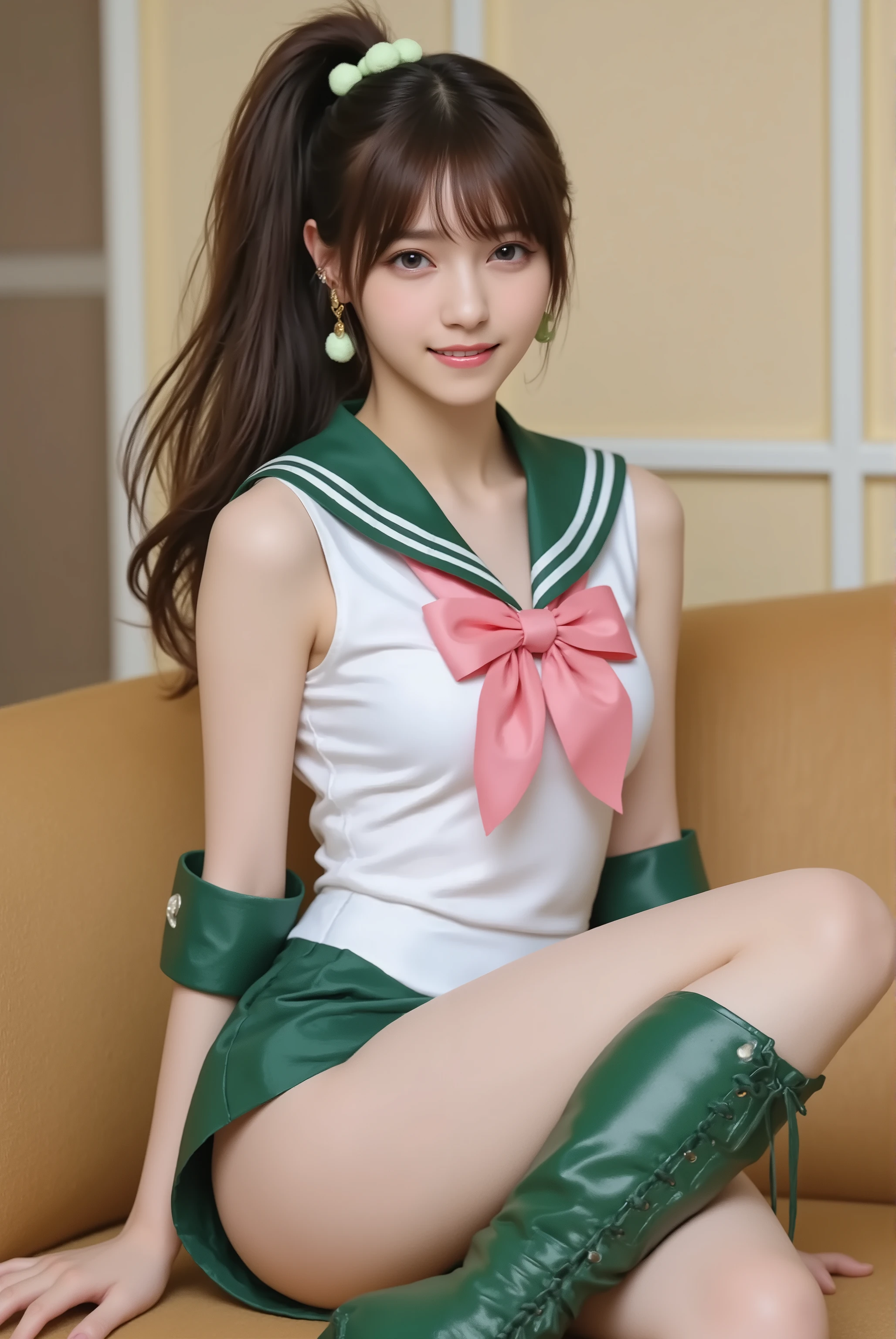 photorealistic cosplay photo, Japanese gravure style,
a tall and athletic Japanese idol-style young woman cosplaying as Sailor Jupiter from Sailor Moon,
bust-up or three-quarter portrait,
long brown hair tied in a high ponytail with green bobbles, bangs framing the face,
wearing Sailor Jupiter’s iconic sailor senshi uniform: white leotard, green skirt, green collar, pink bow on chest, pink bow on back, green boots with lace-up design, rose-shaped earrings,
confident but kind smile, natural makeup,
studio or outdoor background with cinematic lighting,
realistic skin details, sharp eyes, detailed hair strands,
idol gravure photography composition, clearly recognizable as Sailor Jupiter cosplay