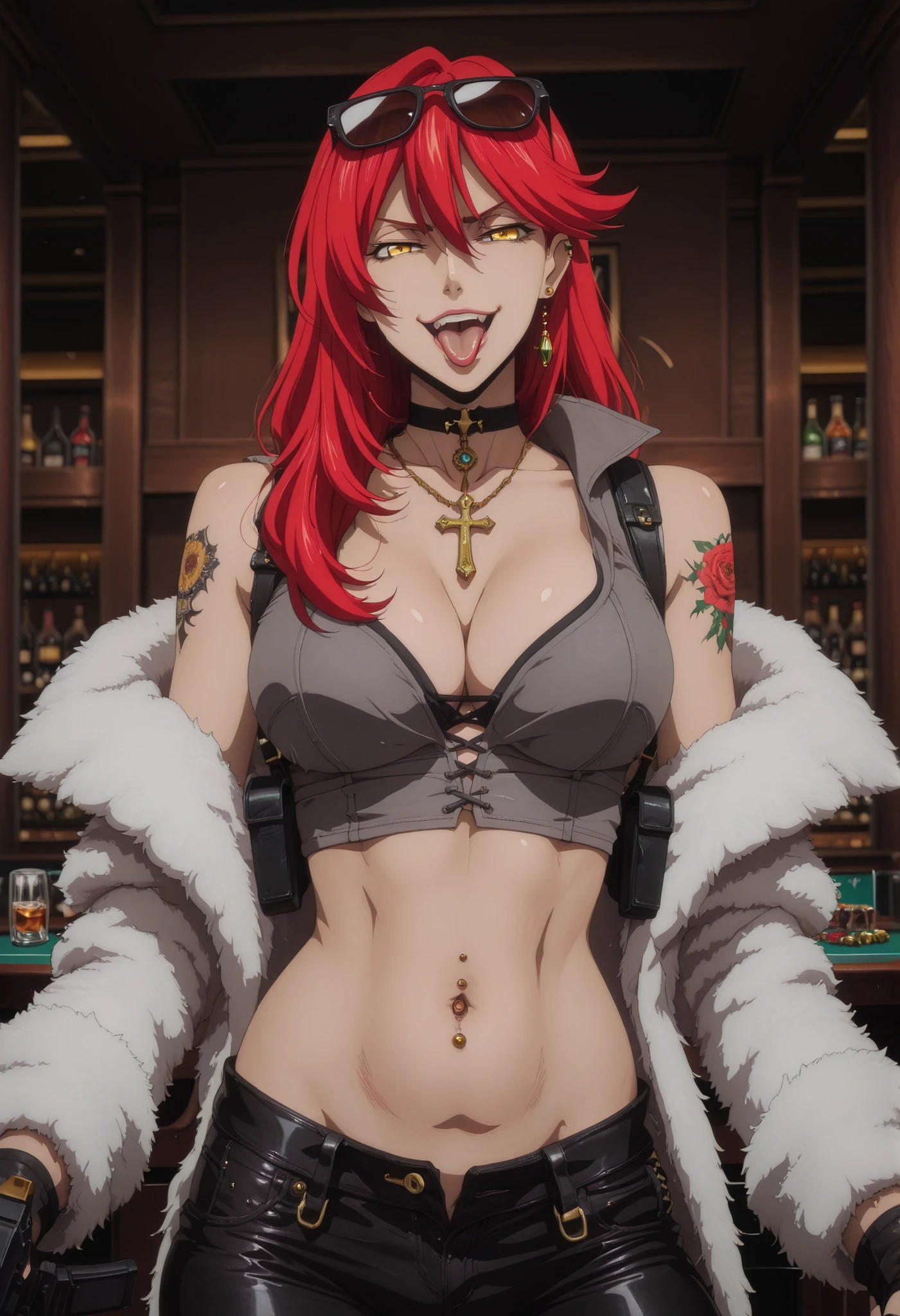 1girl,solo,mm,mature female,long hair, red hair,yellow eyes,single earring,,anime coloring,
,Narah Vaughn,,nail polish, ear piercing, long hair, , lipstick, Hot girl, baddie,, sensual, attractive ,choker , cross necklace, grey shirt,black pants,bar background, inside bar ,indoors, , casino, , fur jacket , shoulders , white fur , , , leather pants , dark brown , fur , side inserts , weapon holder , weapon , fingerless gloves , leather , forearms , sword , , cowboy shot , masterpiece , best quality , highly detailed , a girls with a gun , evil smile , open mouth , gaze , badass pose , evil smile , smile , () , guns blazing , anime girl with long hair , beautiful long haired girl , navel , evil expression , exposed belly , exposed navel , exposed midriff , exposed lower belly , long black pants , cleavage , unbuttoned leather pants , open fly , low rise black leather pants , leather jacket , holding a gun , holding pistol , unbuttoned shirt , collared shirt , knot , pull_down leather pants , (show off panties , :1 . 2 , no panties) , pull_down long black pants , pull_down black leather pants , zip up leather jacket , top , navel piercing , cross-laced slit , tongue piercing , tongue out , open mouth , ,, , shoulder holster,, sunglasses on head,, medium large ,looking at viewer , dragon tattoo on waist, narrowed eyes, tattoo on waist, anipai_style , anime screencap , anime coloring, v-shape eyebrows,