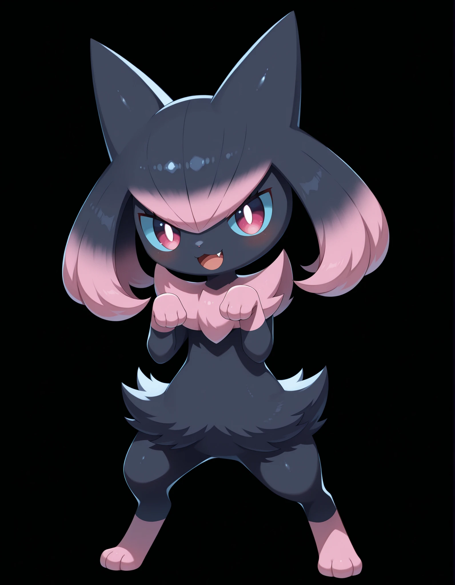 Noxmauve, solo, smile, open_mouth, pink_eyes, simple_background, black_hair, standing, full_body, pink_hair, multicolored_hair, fang, hands_up, pokemon_\(creature\), black_background, paw_pose, black_fur, blue_sclera, highlights_(coloring), gradient_hair,