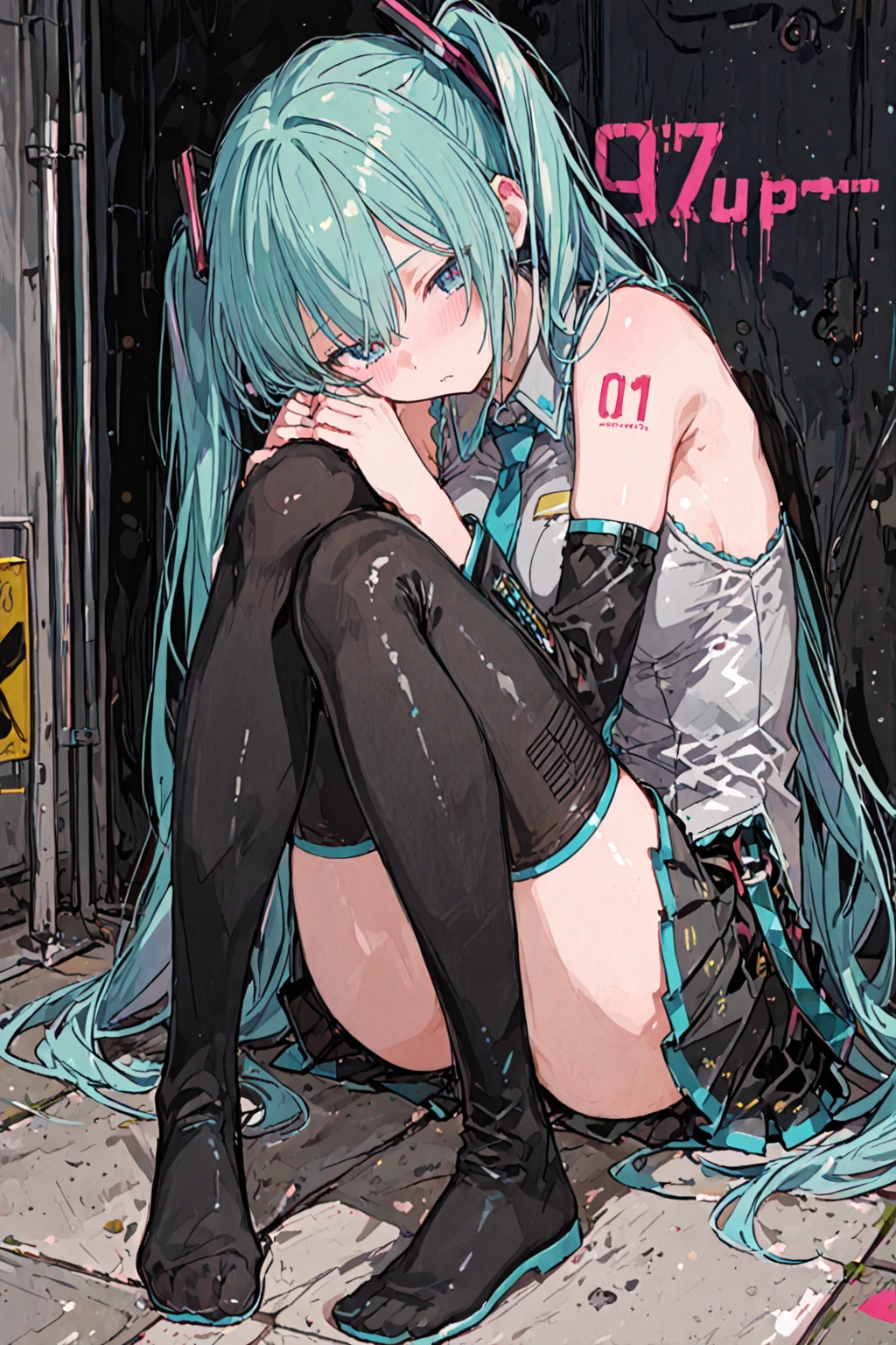 (masterpiece, best quality:1.2), 1girl, solo,on couch ????, ((( small ?????))), 
((long ponytail turquoise hair))), ((red eyes))), White sleeveless tank top，????, ???? bottom,( black pantihose),(turquoise highheels) hard ???????