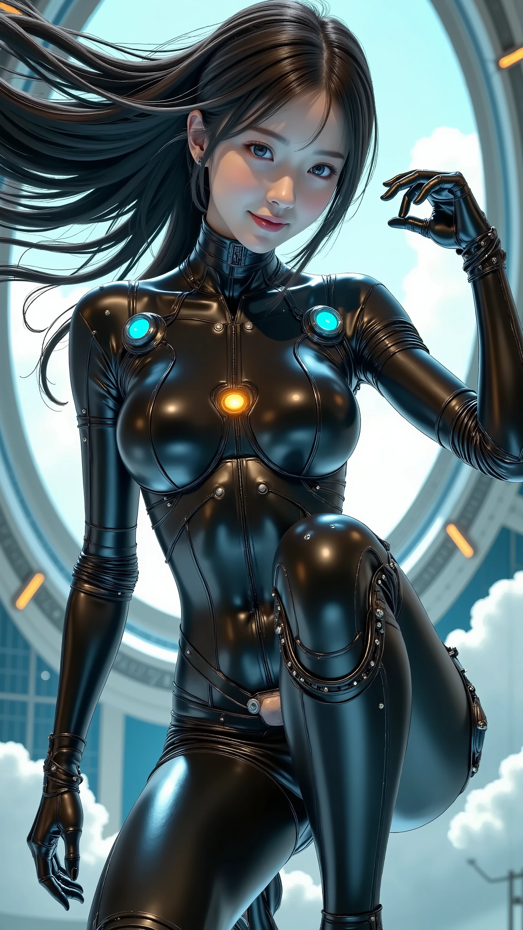 (masterpiece:1.2, excellent quality  ,Mirror finish,  cinematic experience  , best illustration :2.0, Super Detailed),8k,16 kg,Wallpaper,( 1 female),( female android combatants from the future:2.0),(  black body:2.0),( beautiful faces),(  look over here ),( Sitting on One Knee on a Wormhole Like a Magic Circle:2.0),( With a hairstyle of 、pets),(right knee raised:2.0),( dynamic:2.0),(sf:2.0),(  Cyberpunk :2.0),(  detailed hands :2.0),(  detailed face :2.0),(Full Body:2.0),(Glowing blue eyes :2.0),( detailed eyes are drawn on the board:2.0),(front in the sky:2.0),( Anime Artwork:2.0),(intense discharge  :2.0), (Beautifully Shaped Crotch:1.8), (Beautifully shaped breast milk bag:1.6, Chest protrusion:1.5)