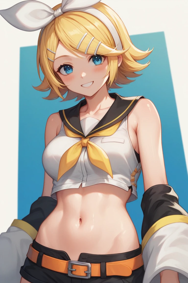((masterpiece:1.2, highest quality)), 1 girl, alone, blonde hair, long hair, , ponytail,  belly button, Cheerleader、bangs、spread your legs、smile、Crouching、sweaty、front、lower body、armpit、Wedgie、big breasts、bust top