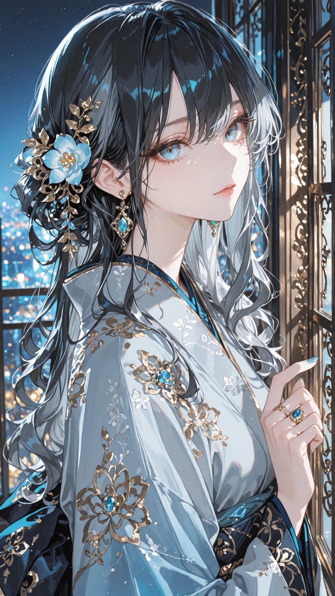 solo girl, (blue gray eyes), (black long hair), (blue gradient highlight), Wavy Curl, One-sided knitting, gem earrings, flower hair accessory peeking through the gaps in her hair , ring, Blue Nail Polish, cool expression, Kimono, Long sleeves unfold, Intricate embroidery, golden accents, Wide decorative band, Formal Wear, Window with night city view, masterpiece, Highest Quality, Anime Artwork, very beautiful face, (detailed eyes:1.2), Perfect Eyes, high resolution, detailed background, ultra fine illustration, depth of field, complicated details, a sophisticated look, Beautiful Attention to Details, very aesthetic, Wonderful, charming, Enchanting, absurd, dynamic pose that shines from neck to chest,