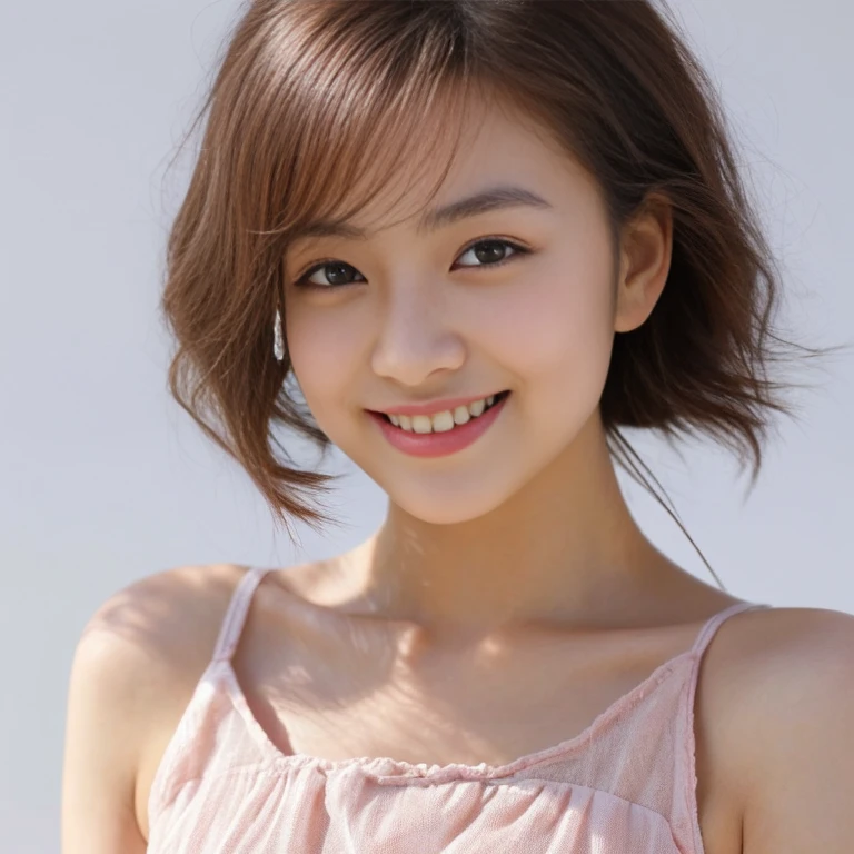 masutepiece, Best Quality, Illustration, Ultra-detailed, finely detail, hight resolution, 8K Wallpaper, Perfect dynamic composition、27 year old cute girl、detailed beautiful faces、detailed cute eyes、Textured skin、Flushed cheeks、embarrassed from、 (Shortcut Hair:1.3)、(Wavy brown hair )、tiny chest,、Bold  poses、Smile、Tank Tops、(Wide open shirt)、Low Cut Slim Jeans、a park