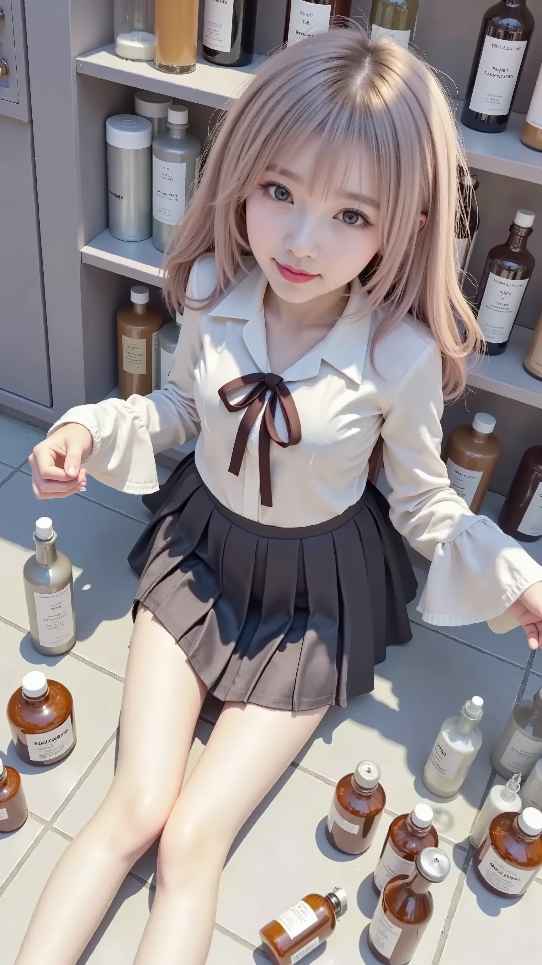 Girl,sitting on the floor,lots of sample bottles,Girlは薬物中毒者です,((yandere女の子のビジュアル)),young girl,((Beautiful Breasts, yandere, gapmoe yandere)),((She has a very dangerous expression)),High Quality,illustration full of detail,Realistic,high resolution,dark fantasy,Portrait,digital art,Detailed illustrations,precise oil, ((Clothes ignite))
