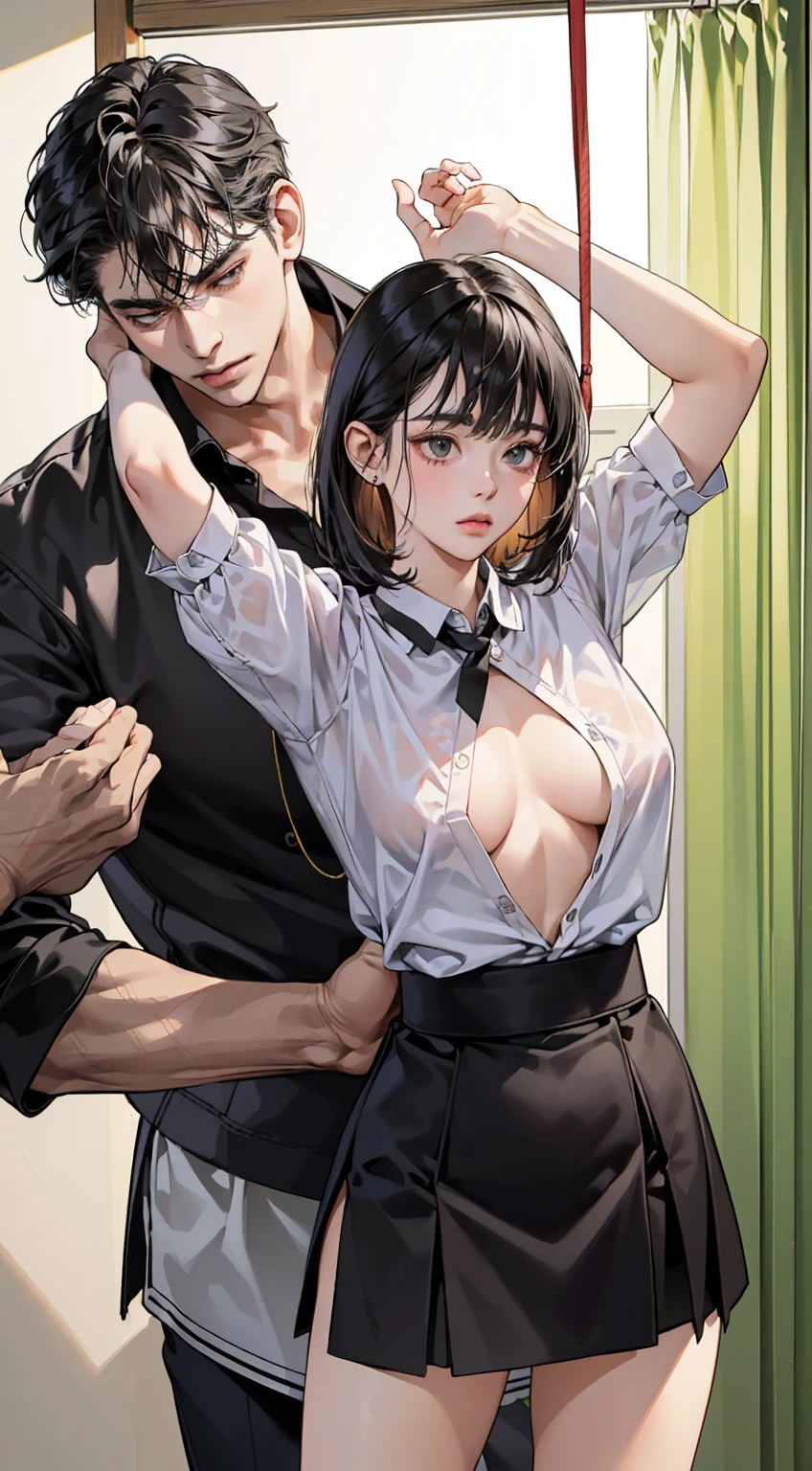 (In 8K、RAW shooting、highest quality、master piece:1.2)、Super detailed、super resolution、(real、real:1.37)、Portrait、High-definition RAW color photo、professional photography、very detailedで美しい、very detailed、8K wallpaper、amazing details、huge file size、official art、very detailedなCGユニティ8Kでの壁紙、very detailedな美少女、very detailedな顔、very detailedな目、very detailedな肌、very detailedな指、very detailedな鼻、very detailedな詳細な口、perfect ???????、detailed background、Detailed service、(((1peopleの女の子と男性１people)))、(20:1.2)、20th generation、 little girl、realな体つき、petite、white skin、glowing skin、slim body、black hair、((short hair))、(neat bangs: 1.4)、cute face、real-looking face、delicate eyes、Drooping eyes、((Stylish bathroom))、((wearing white panties))、(((??????)))、((woman with legs spread wide))、((standing posture))、((strong men:1.5))、((Hugging a woman ???????????、Man grabbing a woman ?????))、((????????? men))、((man with all back hair))、((Girl hanging from the ceiling with her arms tied with rough rope))、Sweat、wet body、((restraint))、((Torn lingerie:1.6))、earrings、necklace、bracelet、((face turned to the side))、((close your eyes and yawn))、contrapo、dynamic lighting、 ((firm B cup))、((cleavage))、((look behind you))、((Anguished expression))、