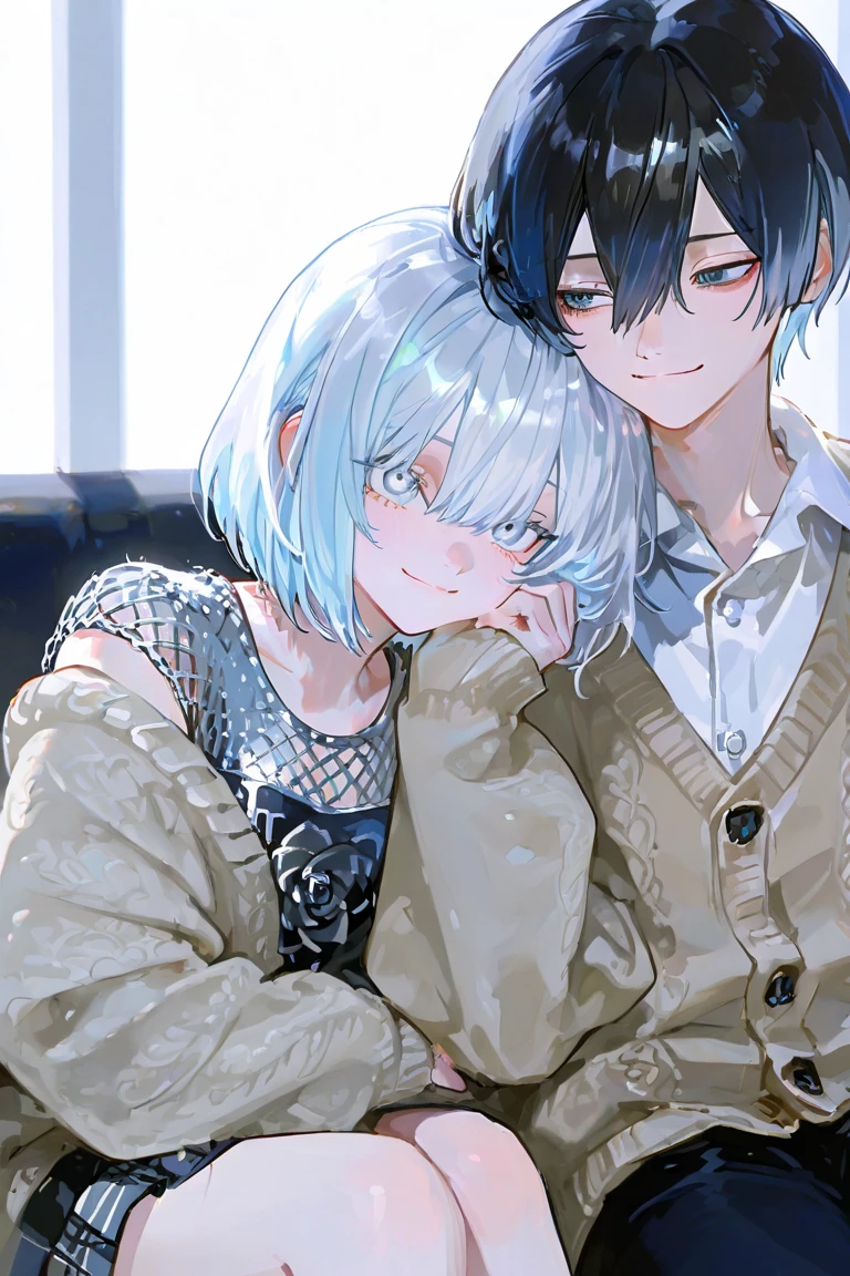 (((1 person　Gray Hair　Sit on the sofa　Crossing your legs　blue eyes)))　((High resolution　short hair　hoodie　Black Skirt　Rin々Funny face))　((Close-up))　((Blue butterfly　Asahi　Shining Aura　Catch the wind　Holding a cup　Drink coffee))　(smile　Bathed in light)　Shining Background　Shining Edge