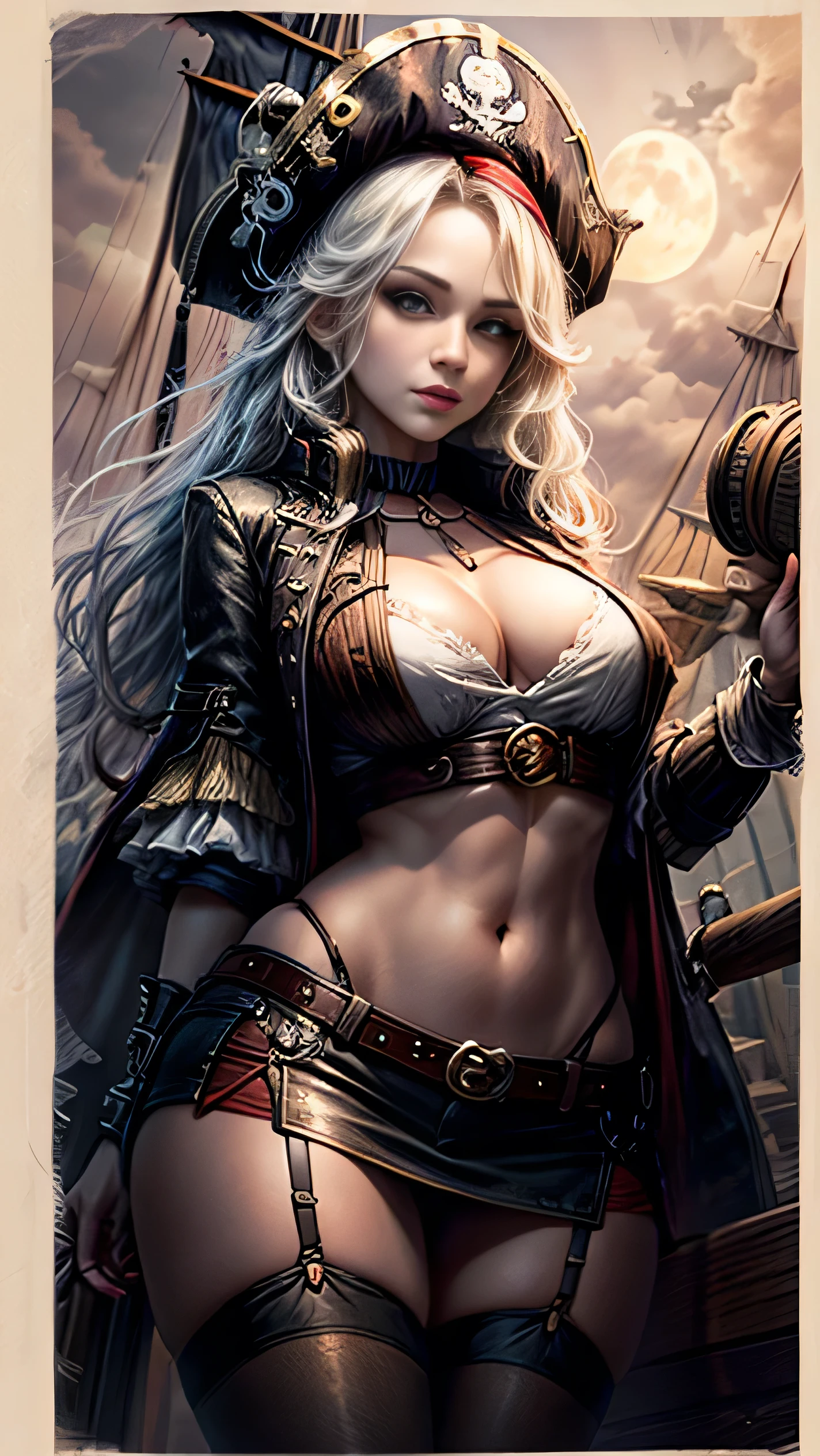 female pirate、、miniskirt、Micro Mini、beautiful thighs、garter belt、sexy pose、Pirate Ship、deck、cannon、on the night of the full moon