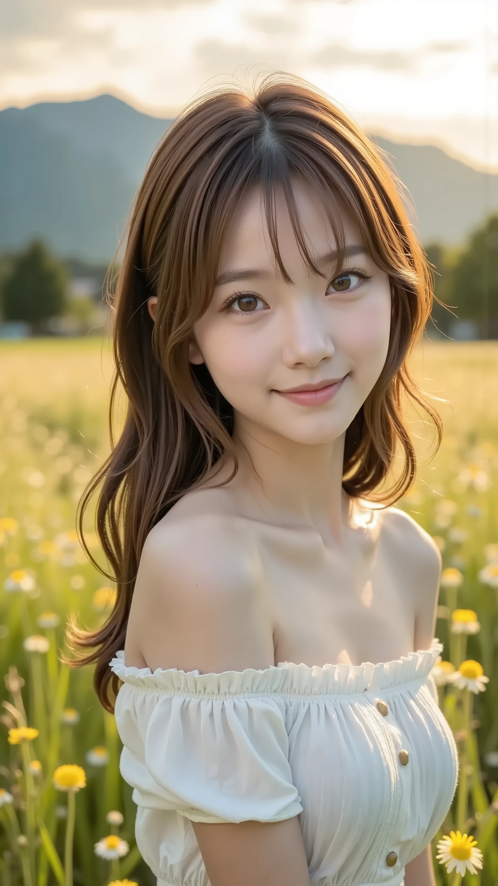 Asian Girl、A warm expression illuminated by natural light、Healthy glow、casual clothes、green environment、Eyes expressing hope and strength、gentle smile、An atmosphere full of vitality、Standing in the morning sun、with mountains in the background々and rural scenery 、Soft Focus、natural tone、Portrait Photo Style