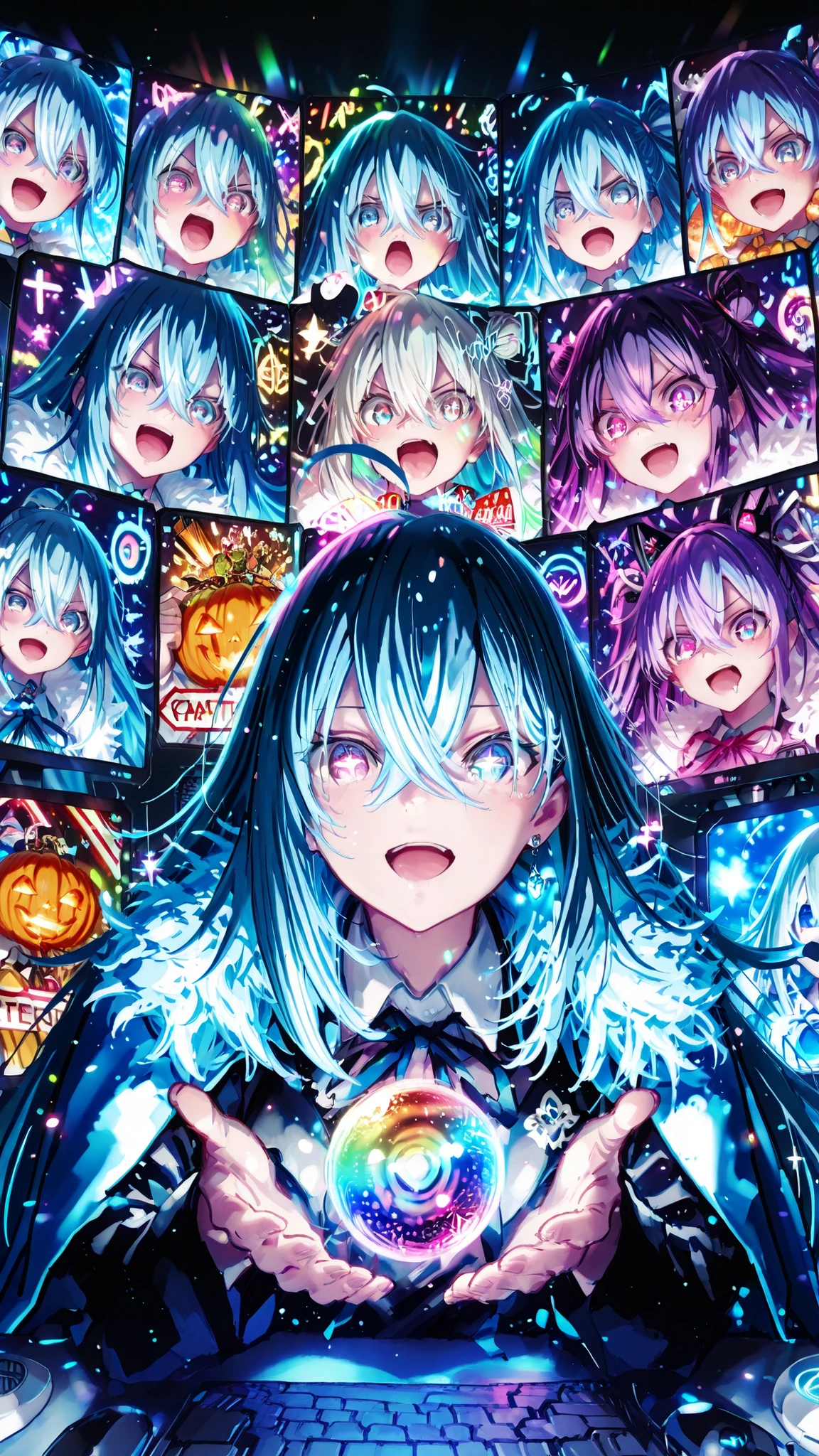 vector-style emblem, circular mandala with interlocking triangles and hexagons, center deep matte black orb with subtle purple core glow, outer rings of prismatic rainbow filaments and opalescent inlays, minimalist, high contrast, designed for engravingAIハッカー、ultra detailed, masterpiece, best quality, high resolution, anime-style illustration, vibrant colors, glittering effects, dramatic lighting, dynamic composition,
1 female hacker, short hair with neon streaks, exaggerated ecstatic expression, mouth wide open like Halloween pumpkin, drooling, eyes wide in ecstatic madness,
surrounded by multiple monitors, each monitor has its own exaggerated ecstatic face,
desktop computer with pumpkin-like ecstatic face,
various dolls and figurines around, all with same ecstatic crazy expressions,
glowing holographic screens, chaotic colorful wires, neon reflections, sparkling glitter particles, festive and surreal atmosphere,
over-the-top psychedelic energy, immersive, over-exaggerated emotions, ultra-cute yet insane aesthetic,
warning symbols, caution signs, exclamation marks, hazard triangles floating around, bright flashing icons, chaotic alert energyVivyから "Vivy-Fluorite Eye's Song-", アニメスタイル, 公式イラストスタイル, 長く流れるライトブルーの髪 , 輝くアクアアイズ, 微妙な装甲のディテールを持つ未来的な白と青のアイドルコスチューム, ホログラフィック画面を備えたスリークな未来的なステージで歌う, 繊細な顔を照らす動的なスポットライト, 感情的ながらも抑えられた表情のVivy, 詳細なシェーディングとハイライト, 映画的なアングル, 超高精細, 最高品質, 4k 解像度, 傑作