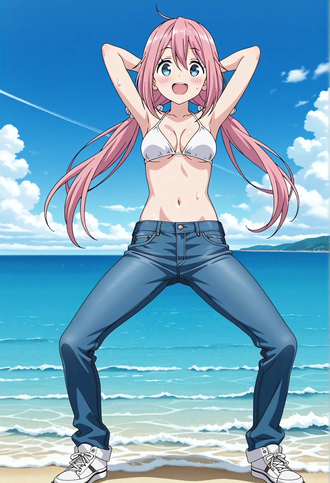 score_9, score_8_up, score_7_up, source_anime, highres, hi res, ((best quality, top quality, perfect quality, Highest Quality, amazing quality)), {{masterpiece}}, {{an extremely delicate and beautiful}}, 2d, intricate details, official style, anime, 8k, anime style, official_anime, official art, digital painting, cell shading, soft shading, high resolution, soothing tones, Subdued Color, Soft cinematic light, adobe lightroom, photolab, HDR, intricately and hyper-detailed, ((high quality animation)), 1 girl, Alone, solo, ((ocean)), tsunami, on the water, day, sunny, outdoors, sky, windy, nadeshiko kagamihara, blue eyes, hair between eyes, low twintails, long hair, pink hair, ahoge, scrunchie, hair scrunchie, white scrunchie, anime screencap, medium breasts, white bikini top, best quality, hyper-detailed jeans, (blue jeans:1.9)), (dark blue jeans:0.6), full medium body, medium shot, Open mouth, smiling, happy face, blush, sweat, standing, ((arms behind head:6.0)), bowlegged, sliding pose, action, looking at viewer, spread legs, Bend knees slightly, straight-on front view
