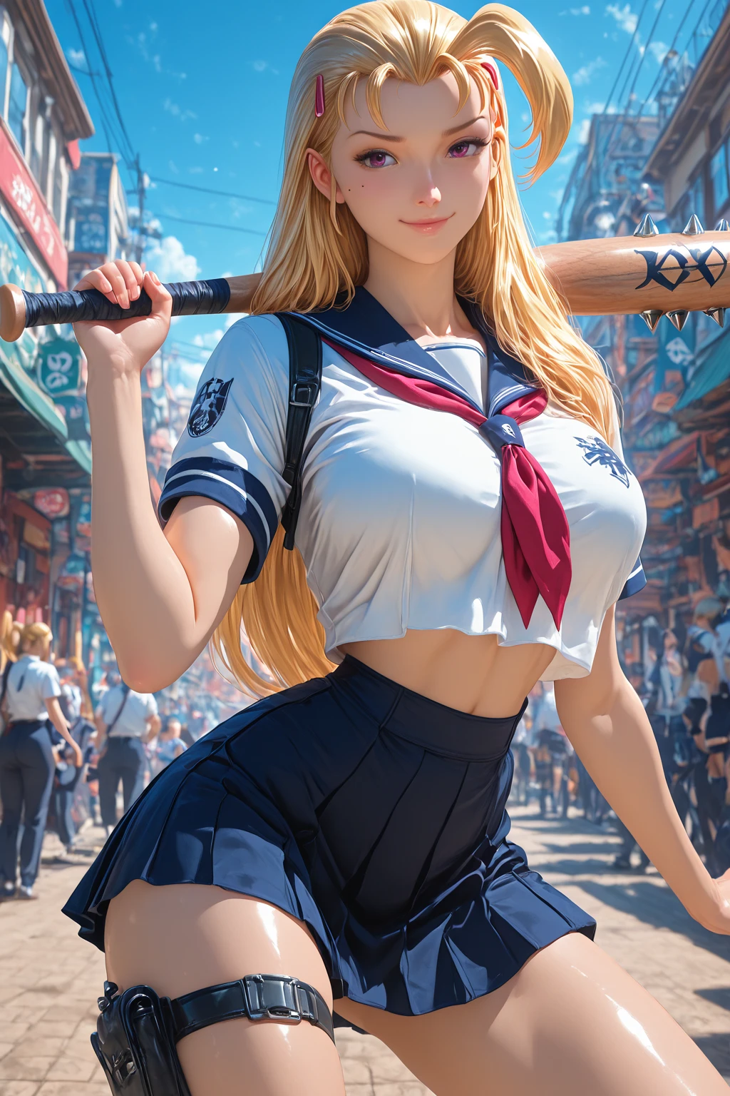 best quality, masterpiece1.2), 1girl, solo, human, cally3d, , detailed, extreme detail, perfect lighting, 4k, 1girl, kitagawa marin, blonde hair, school uniform, choker, ear piercing, bangs, bag, collared shirt, jewelry, earrings, very long hair, red eyes, swept bangs, facing forward, peace sign,