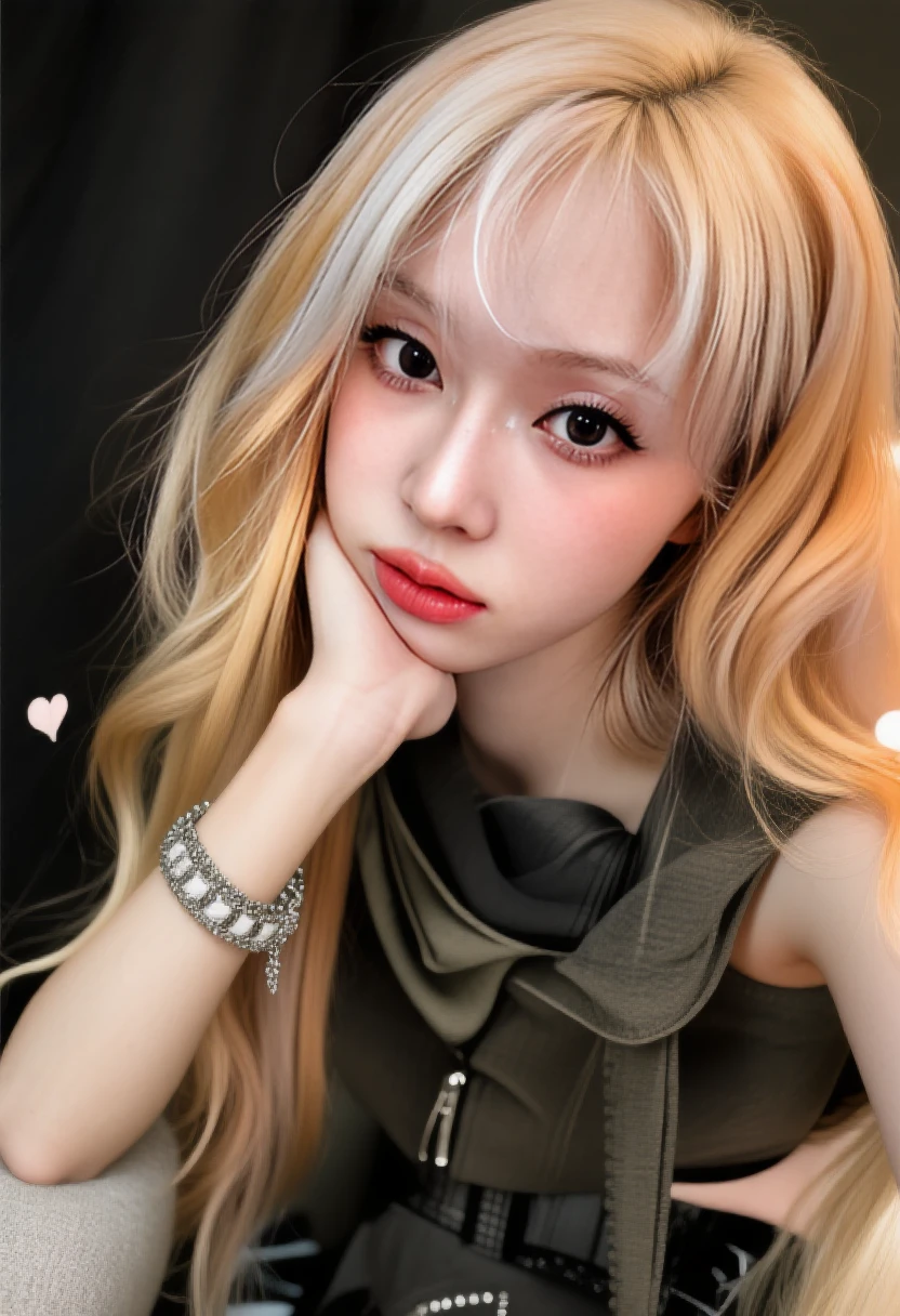 um close de uma mulher with long blonde hair usando um sutiã amarelo, longos blonde hair and large eyes, long blonde hair and large eyes, blonde hair and large eyes,  korean, linda mulher sul-korean, linda jovem korean, with long blonde hair, 8k selfie photograph, she is bullshit, look sexy at the camera, blonde and attractive features