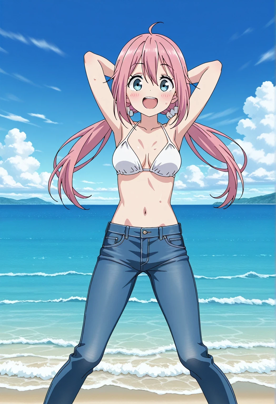 score_9, score_8_up, score_7_up, source_anime, highres, hi res, ((best quality, top quality, perfect quality, Highest Quality, amazing quality)), {{masterpiece}}, {{an extremely delicate and beautiful}}, 2d, intricate details, official style, anime, 8k, anime style, official_anime, official art, digital painting, cell shading, soft shading, high resolution, soothing tones, Subdued Color, Soft cinematic light, adobe lightroom, photolab, HDR, intricately and hyper-detailed, ((high quality animation)), 1 girl, Alone, solo, ((ocean)), tsunami, on the water, day, sunny, outdoors, sky, windy, nadeshiko kagamihara, blue eyes, hair between eyes, low twintails, long hair, pink hair, ahoge, scrunchie, hair scrunchie, white scrunchie, anime screencap, medium breasts, white bikini top, best quality, hyper-detailed jeans, (blue jeans:1.9)), (dark blue jeans:0.6), full medium body, medium shot, Open mouth, smiling, happy face, blush, sweat, standing, ((arms behind head:6.0)), bowlegged, jumping pose, action, looking at viewer, spread legs, Bend knees slightly, straight-on front view
