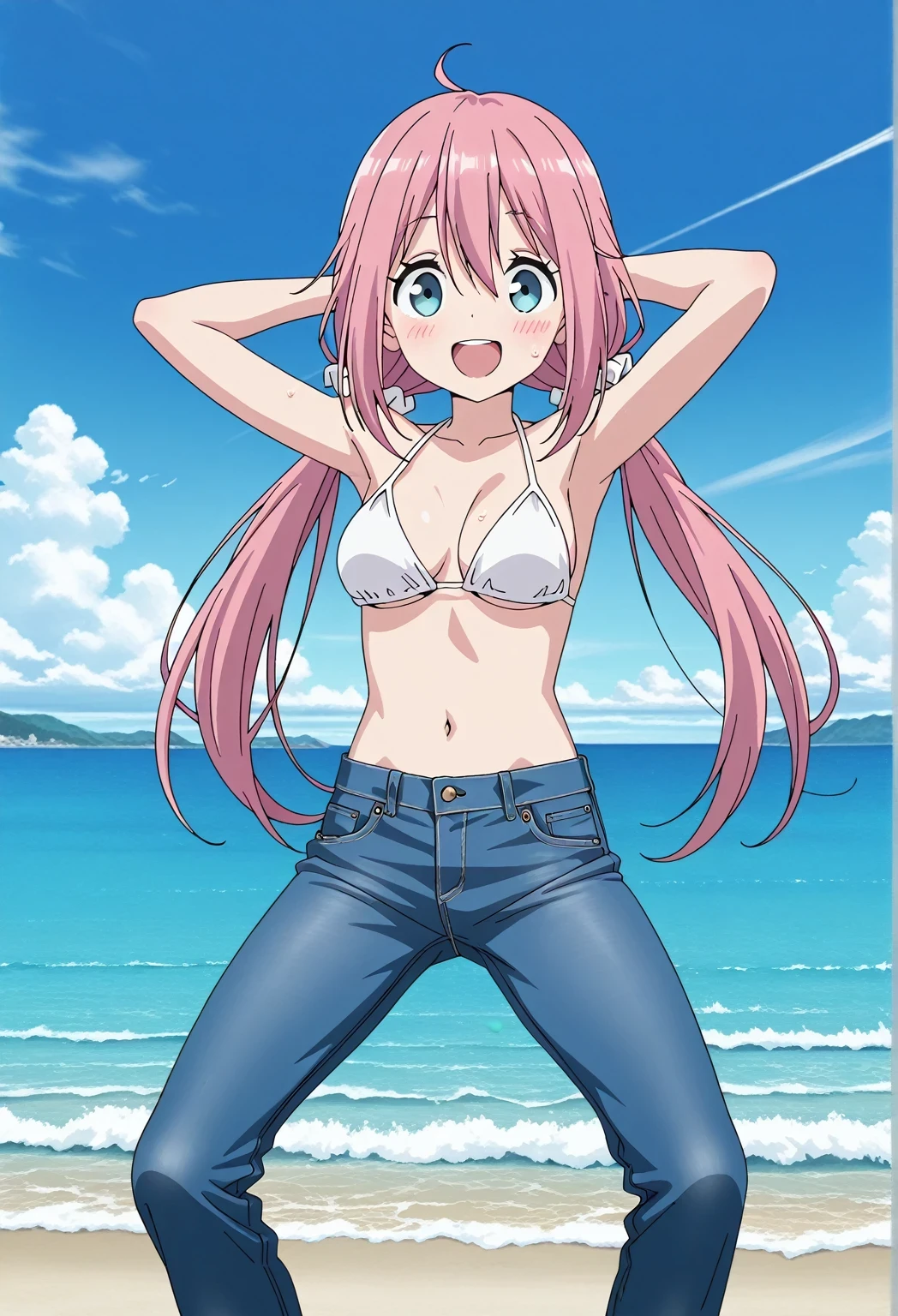 score_9, score_8_up, score_7_up, source_anime, highres, hi res, ((best quality, top quality, perfect quality, Highest Quality, amazing quality)), {{masterpiece}}, {{an extremely delicate and beautiful}}, 2d, intricate details, official style, anime, 8k, anime style, official_anime, official art, digital painting, cell shading, soft shading, high resolution, soothing tones, Subdued Color, Soft cinematic light, adobe lightroom, photolab, HDR, intricately and hyper-detailed, ((high quality animation)), 1 girl, Alone, solo, ((ocean)), tsunami, on the water, day, sunny, outdoors, sky, windy, nadeshiko kagamihara, blue eyes, hair between eyes, low twintails, long hair, pink hair, ahoge, scrunchie, hair scrunchie, white scrunchie, anime screencap, medium breasts, white bikini top, best quality, hyper-detailed jeans, (blue jeans:1.9)), (dark blue jeans:0.6), full medium body, medium shot, Open mouth, smiling, happy face, blush, sweat, standing, ((arms behind head:6.0)), bowlegged, jumping pose, action, looking at viewer, spread legs, Bend knees slightly, straight-on front view