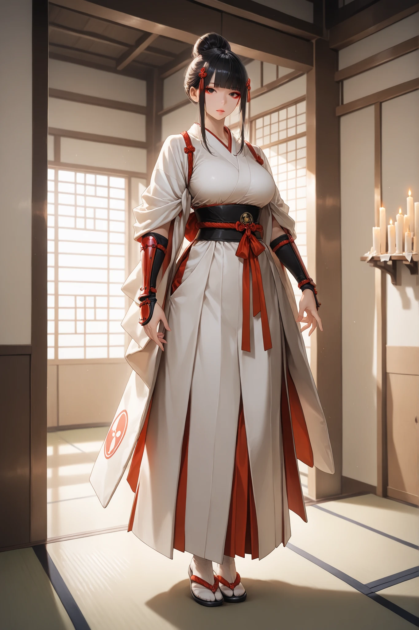 TKNKZMI, black hair, blunt bangs, red eyeshadow, sidelocks, hair ornament, hair bun, white kimono, arm guards, tabi, 1 girl, solo, full body view, beautiful face, anatomically accurate ratio, large breasts, (best quality, 4k, 8k, high resolution, masterpiece: 1.2), Ultra-detailed, beautiful detailed eyes, the girl looks into the viewer, beautiful detailed lips, extremely detailed eyes, detailed face, complex details, warm lighting, soft colors, delicate skin, detailed background. The girl is standing in the middle of the tatami mat in the dojo. The dojo is dimly lit, with only the candles on the walls illuminating the room, but the girl is clearly visible. She has a determined look on her face, preparing for a hand-to-hand combat. masterpiece, best quality, vibrant, very aesthetic, high contrast, semrealistic, newest. Perfect shadows, correct lighting.