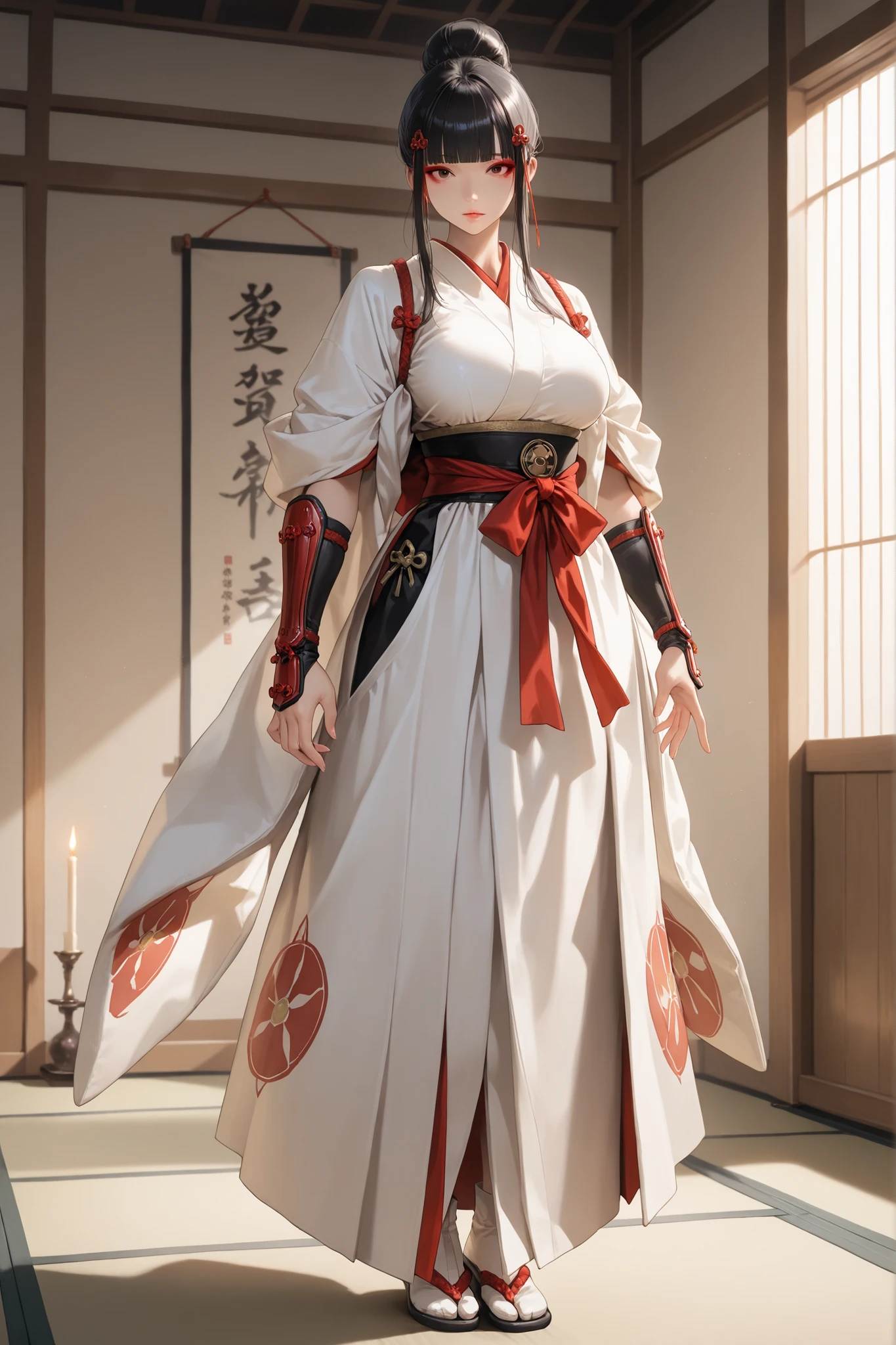 TKNKZMI, black hair, blunt bangs, red eyeshadow, sidelocks, hair ornament, hair bun, white kimono, arm guards, tabi, 1 girl, solo, full body view, beautiful face, anatomically accurate ratio, large breasts, (best quality, 4k, 8k, high resolution, masterpiece: 1.2), Ultra-detailed, beautiful detailed eyes, the girl looks into the viewer, beautiful detailed lips, extremely detailed eyes, detailed face, complex details, warm lighting, soft colors, delicate skin, detailed background. The girl is standing in the middle of the tatami mat in the dojo. The dojo is dimly lit, with only the candles on the walls illuminating the room, but the girl is clearly visible. She has a determined look on her face, preparing for a hand-to-hand combat. masterpiece, best quality, vibrant, very aesthetic, high contrast, semrealistic, newest. Perfect shadows, correct lighting.