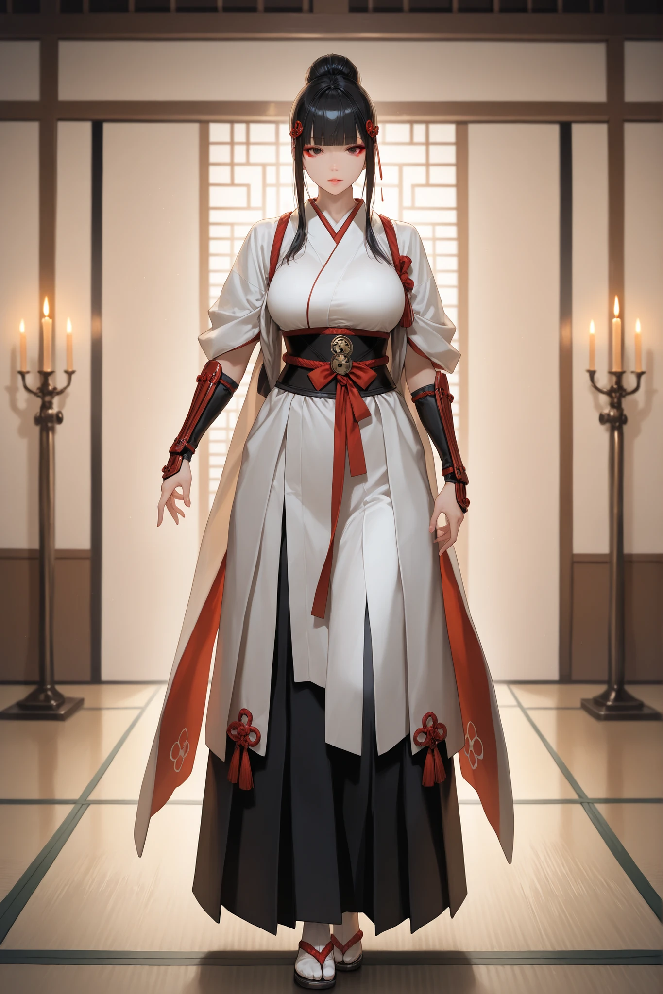 TKNKZMI, black hair, blunt bangs, red eyeshadow, sidelocks, hair ornament, hair bun, white kimono, arm guards, tabi, 1 girl, solo, full body view, beautiful face, anatomically accurate ratio, large breasts, (best quality, 4k, 8k, high resolution, masterpiece: 1.2), Ultra-detailed, beautiful detailed eyes, the girl looks into the viewer, beautiful detailed lips, extremely detailed eyes, detailed face, complex details, warm lighting, soft colors, delicate skin, detailed background. The girl is standing in the middle of the tatami mat in the dojo. The dojo is dimly lit, with only the candles on the walls illuminating the room, but the girl is clearly visible. She has a determined look on her face, preparing for a hand-to-hand combat. masterpiece, best quality, vibrant, very aesthetic, high contrast, semrealistic, newest. Perfect shadows, correct lighting.