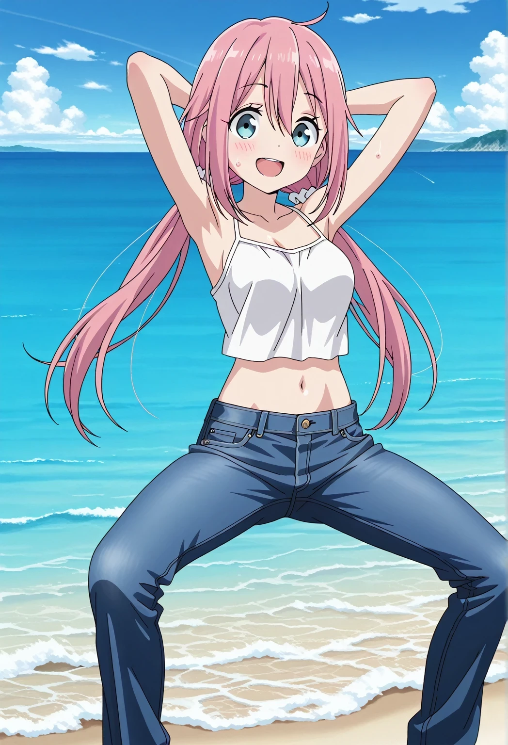 score_9, score_8_up, score_7_up, source_anime, highres, hi res, ((best quality, top quality, perfect quality, Highest Quality, amazing quality)), {{masterpiece}}, {{an extremely delicate and beautiful}}, 2d, intricate details, official style, anime, 8k, anime style, official_anime, official art, digital painting, cell shading, soft shading, high resolution, soothing tones, Subdued Color, Soft cinematic light, adobe lightroom, photolab, HDR, intricately and hyper-detailed, ((high quality animation)), 1 girl, Alone, solo, ((ocean)), tsunami, on the water, day, sunny, outdoors, sky, windy, nadeshiko kagamihara, blue eyes, hair between eyes, low twintails, long hair, pink hair, ahoge, scrunchie, hair scrunchie, white scrunchie, anime screencap, medium breasts, white camisole top, crop top, white crop top, best quality, hyper-detailed jeans, (blue jeans:1.9)), (dark blue jeans:0.6), full medium body, medium shot, Open mouth, smiling, happy face, blush, sweat, standing, ((arms behind head:6.0)), bowlegged, sliding pose, action, looking at viewer, spread legs, Bend knees slightly, straight-on front view
