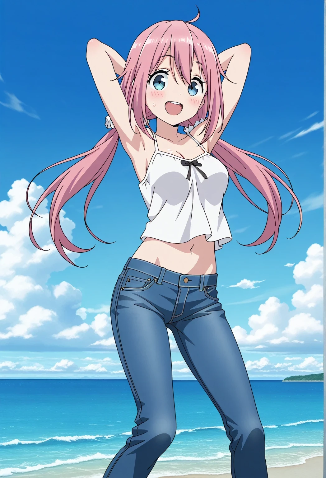 score_9, score_8_up, score_7_up, source_anime, highres, hi res, ((best quality, top quality, perfect quality, Highest Quality, amazing quality)), {{masterpiece}}, {{an extremely delicate and beautiful}}, 2d, intricate details, official style, anime, 8k, anime style, official_anime, official art, digital painting, cell shading, soft shading, high resolution, soothing tones, Subdued Color, Soft cinematic light, adobe lightroom, photolab, HDR, intricately and hyper-detailed, ((high quality animation)), 1 girl, Alone, solo, ((ocean)), tsunami, on the water, day, sunny, outdoors, sky, windy, nadeshiko kagamihara, blue eyes, hair between eyes, low twintails, long hair, pink hair, ahoge, scrunchie, hair scrunchie, white scrunchie, anime screencap, medium breasts, white camisole top, crop top, white crop top, best quality, hyper-detailed jeans, (blue jeans:1.9)), (dark blue jeans:0.6), full medium body, medium shot, Open mouth, smiling, happy face, blush, sweat, standing, ((arms behind head:6.0)), bowlegged, jumping pose, action, looking at viewer, spread legs, Bend knees slightly, straight-on front view