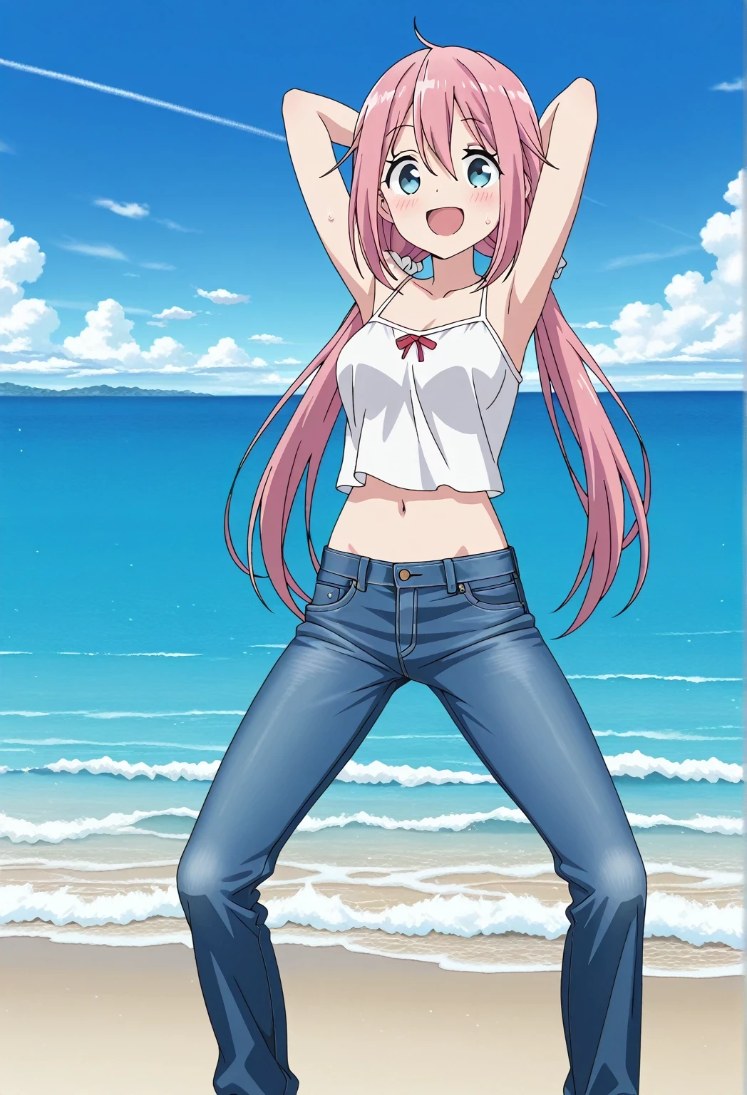 score_9, score_8_up, score_7_up, source_anime, highres, hi res, ((best quality, top quality, perfect quality, Highest Quality, amazing quality)), {{masterpiece}}, {{an extremely delicate and beautiful}}, 2d, intricate details, official style, anime, 8k, anime style, official_anime, official art, digital painting, cell shading, soft shading, high resolution, soothing tones, Subdued Color, Soft cinematic light, adobe lightroom, photolab, HDR, intricately and hyper-detailed, ((high quality animation)), 1 girl, Alone, solo, ((ocean)), tsunami, on the water, day, sunny, outdoors, sky, windy, nadeshiko kagamihara, blue eyes, hair between eyes, low twintails, long hair, pink hair, ahoge, scrunchie, hair scrunchie, white scrunchie, anime screencap, medium breasts, white camisole top, crop top, white crop top, best quality, hyper-detailed jeans, (blue jeans:1.9)), (dark blue jeans:0.6), full medium body, medium shot, Open mouth, smiling, happy face, blush, sweat, standing, ((arms behind head:6.0)), bowlegged, sliding pose, action, looking at viewer, spread legs, Bend knees slightly, straight-on front view