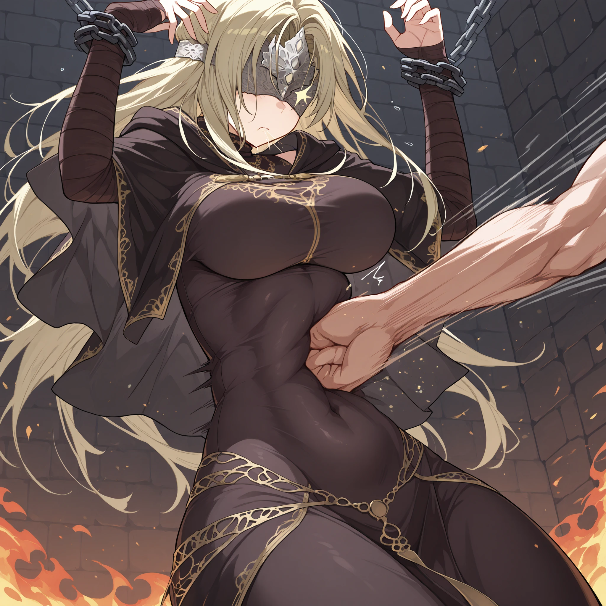 Masterpiece,best quality,highres,Super detailed,very detailed,highest quality,super detailed,high quality,high-definition,extremely detailed,absurdres,perfect light,outdoors,hanging all hands over head higher,hanging two hands over head higher,((((chain restrict her wrist)))),sexy,sexy belly line,Sexy belly line,Sexy Belly Line,navel punch,Navel punch,Navel Punch,(((((bellypunching,Bellypunching,Belly punching,Belly Punching,navel punch,Navel punch,Navel Punch,belly punching:1.2))))),
*//*,Fire keeper,blonde hair,long hair,silver circlet over her blindfold,breasts,black dress,taut cloth,impossible cloth,navel,covered navel,covered navel black dress,covered belly,covered belly black dress,
*//*,looking at viewer,closed mouse