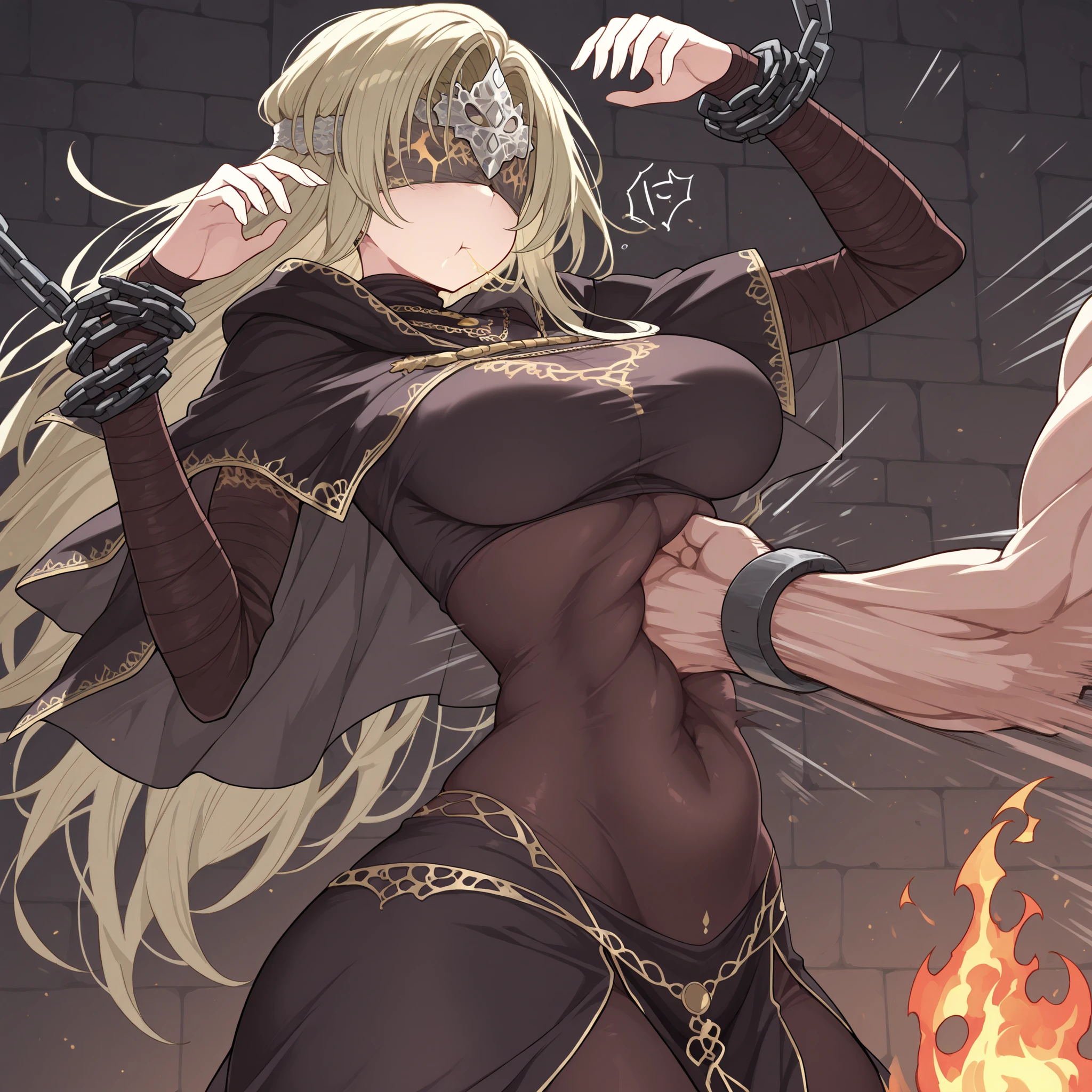 Masterpiece,best quality,highres,Super detailed,very detailed,highest quality,super detailed,high quality,high-definition,extremely detailed,absurdres,perfect light,outdoors,hanging all hands over head higher,hanging two hands over head higher,((((chain restrict her wrist)))),sexy,sexy belly line,Sexy belly line,Sexy Belly Line,navel punch,Navel punch,Navel Punch,(((((bellypunching,Bellypunching,Belly punching,Belly Punching,navel punch,Navel punch,Navel Punch,belly punching:1.2))))),
*//*,Fire keeper,blonde hair,long hair,silver circlet over her blindfold,breasts,black dress,taut cloth,impossible cloth,navel,covered navel,covered navel black dress,covered belly,covered belly black dress,
*//*,looking at viewer,closed mouse