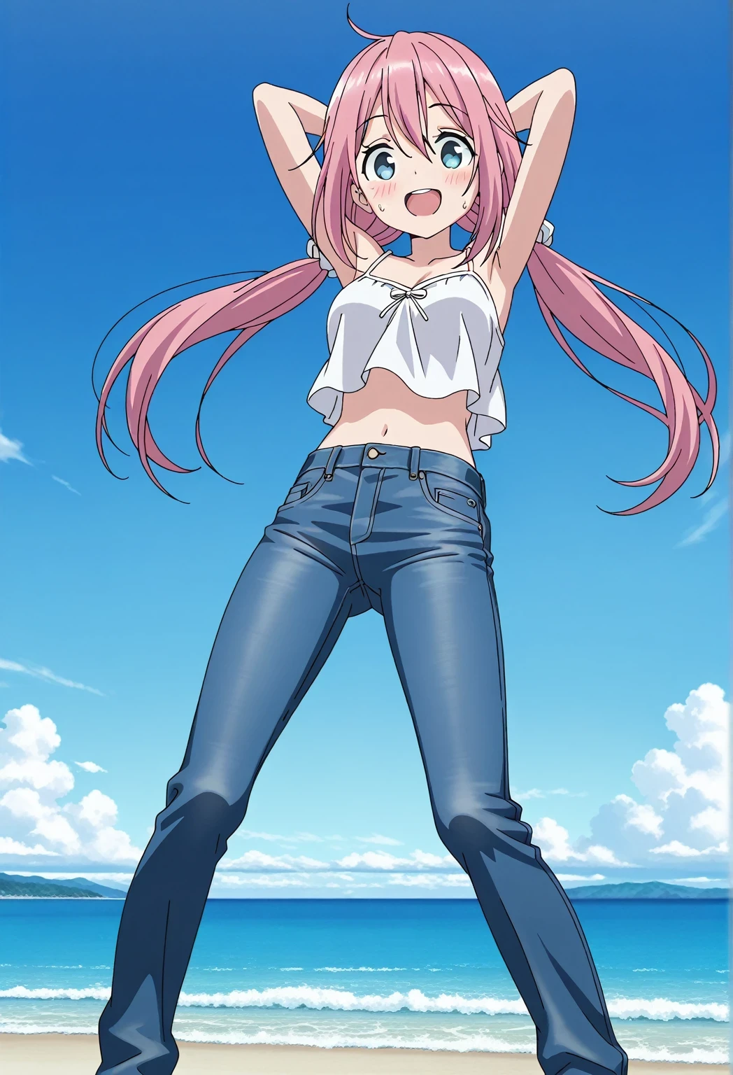 score_9, score_8_up, score_7_up, source_anime, highres, hi res, ((best quality, top quality, perfect quality, Highest Quality, amazing quality)), {{masterpiece}}, {{an extremely delicate and beautiful}}, 2d, intricate details, official style, anime, 8k, anime style, official_anime, official art, digital painting, cell shading, soft shading, high resolution, soothing tones, Subdued Color, Soft cinematic light, adobe lightroom, photolab, HDR, intricately and hyper-detailed, ((high quality animation)), 1 girl, Alone, solo, ((ocean)), tsunami, on the water, day, sunny, outdoors, sky, windy, nadeshiko kagamihara, blue eyes, hair between eyes, low twintails, long hair, pink hair, ahoge, scrunchie, hair scrunchie, white scrunchie, anime screencap, medium breasts, white camisole top, crop top, white crop top, best quality, hyper-detailed jeans, (blue jeans:1.9)), (dark blue jeans:0.6), full medium body, medium shot, Open mouth, smiling, happy face, blush, sweat, standing, ((arms behind head:6.0)), bowlegged, jumping pose, action, looking at viewer, spread legs, Bend knees slightly, straight-on front view