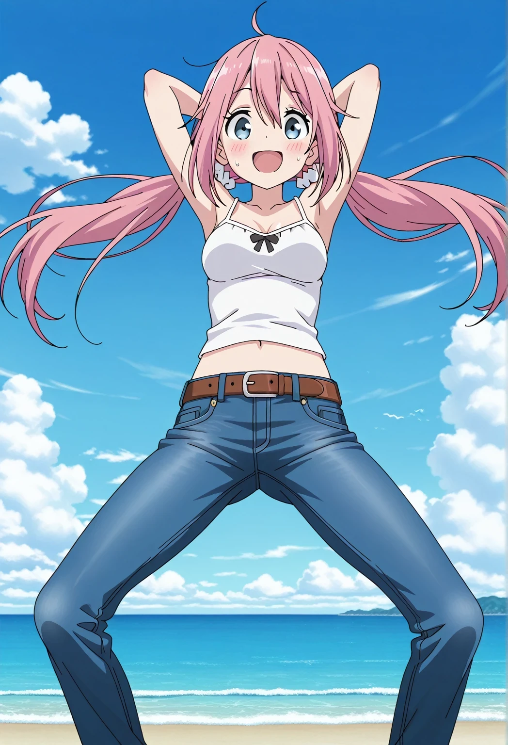 score_9, score_8_up, score_7_up, source_anime, highres, hi res, ((best quality, top quality, perfect quality, Highest Quality, amazing quality)), {{masterpiece}}, {{an extremely delicate and beautiful}}, 2d, intricate details, official style, anime, 8k, anime style, official_anime, official art, digital painting, cell shading, soft shading, high resolution, soothing tones, Subdued Color, Soft cinematic light, adobe lightroom, photolab, HDR, intricately and hyper-detailed, ((high quality animation)), 1 girl, Alone, solo, ((ocean)), tsunami, on the water, day, sunny, outdoors, sky, windy, nadeshiko kagamihara, blue eyes, hair between eyes, low twintails, long hair, pink hair, ahoge, scrunchie, hair scrunchie, white scrunchie, anime screencap, medium breasts, white camisole top, crop top, white crop top, best quality, hyper-detailed jeans, belt, brown belt, (blue jeans:1.9)), (dark blue jeans:0.6), full medium body, medium shot, Open mouth, smiling, happy face, blush, sweat, standing, ((arms behind head:6.0)), bowlegged, jumping pose, action, looking at viewer, spread legs, Bend knees slightly, straight-on front view