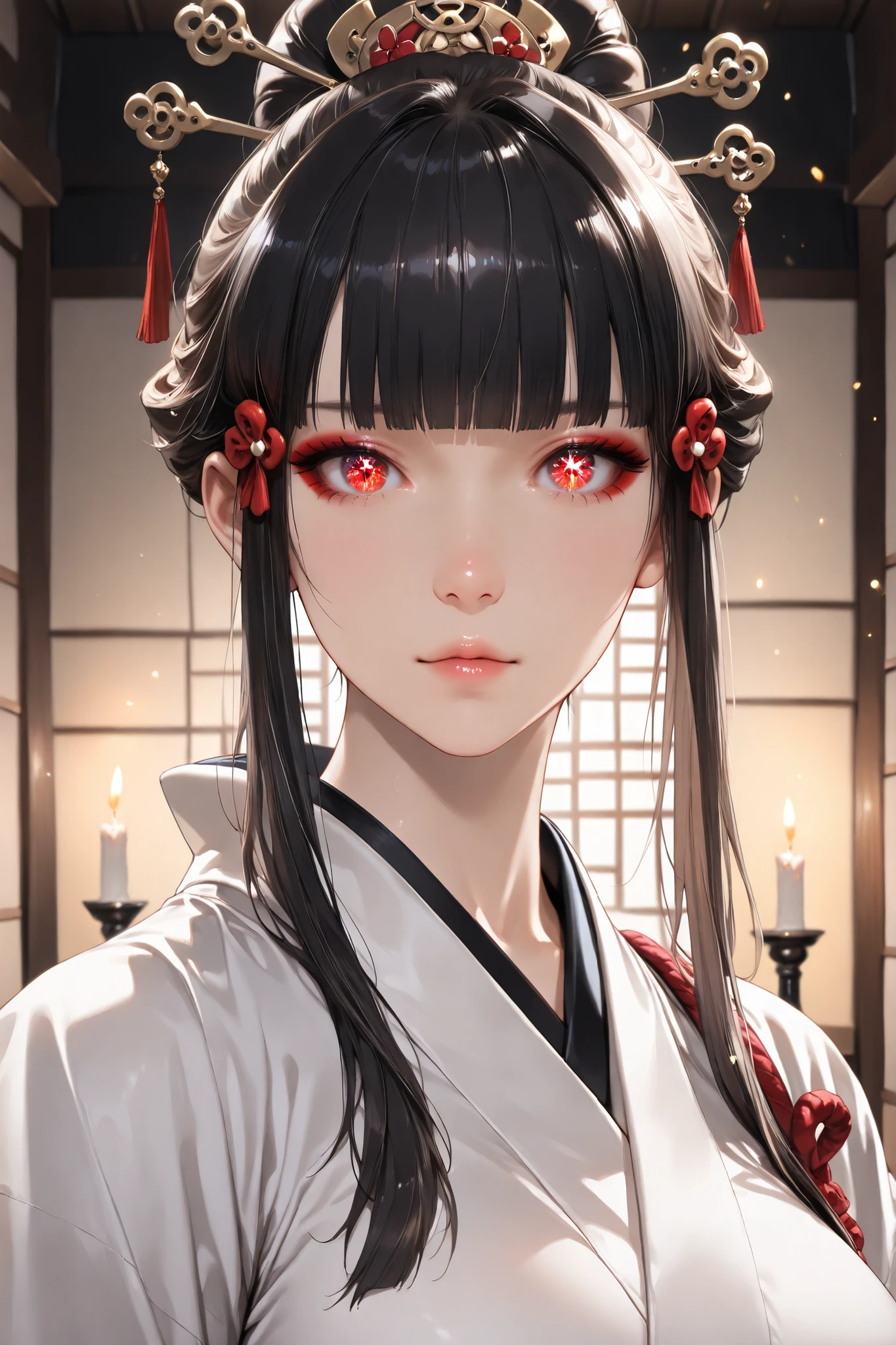 TKNKZMI, black hair, blunt bangs, red eyeshadow, sidelocks, hair ornament, hair bun, white kimono, arm guards, tabi, Enchanting Eyes, focus drawn to eyes, highly detailed eyes, sparkles in eyes, 1 girl, solo, detailed portrait, beautiful face, anatomically accurate ratio, large breasts, (best quality, 4k, 8k, high resolution, masterpiece: 1.2), Ultra-detailed, the girl looks into the viewer, beautiful detailed lips, detailed face, complex details, warm lighting, soft colors, delicate skin, detailed background. The girl is standing in the middle of the tatami mat in the dojo. The dojo is dimly lit, with only the candles on the walls illuminating the room, but the girl is clearly visible. She has a determined look on her face. masterpiece, best quality, vibrant, very aesthetic, high contrast, semrealistic, newest. Perfect shadows, correct lighting.