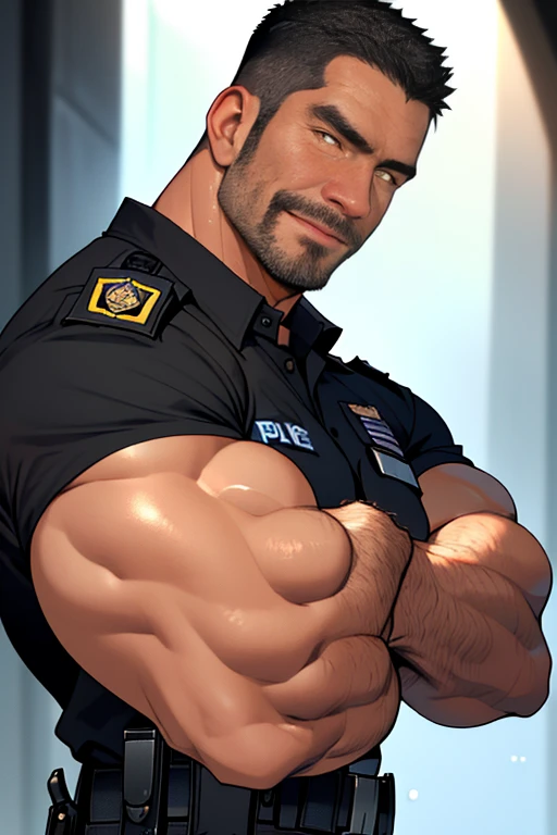 (Create a masterpiece: 1.2),(CGI art:1.3),(realistic:1.5),(After processing:1.3),(Sharp focus:1.3), 1 man holds the steering wheel of a car ,(crew cut short hair:1.8),black eye, smile, (Wear color navy round neck T-shirt with a Police badge: 1.3), Navy blue jeans, Korean guy , korean men, (High gloss details), chest muscles, large arm muscles, blood vessel, Big muscles, Broad shoulders, looking at the audience, Balancing the eyes, middle of the road, (drive a car: 1.5), (in the car: 1.3), , middle of the road