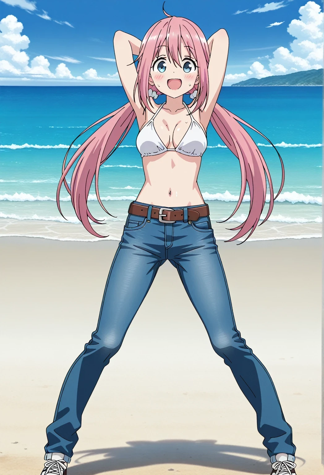 score_9, score_8_up, score_7_up, source_anime, highres, hi res, ((best quality, top quality, perfect quality, Highest Quality, amazing quality)), {{masterpiece}}, {{an extremely delicate and beautiful}}, 2d, intricate details, official style, anime, 8k, anime style, official_anime, official art, digital painting, cell shading, soft shading, high resolution, soothing tones, Subdued Color, Soft cinematic light, adobe lightroom, photolab, HDR, intricately and hyper-detailed, ((high quality animation)), 1 girl, Alone, solo, ((ocean)), tsunami, on the water, day, sunny, outdoors, sky, windy, nadeshiko kagamihara, blue eyes, hair between eyes, low twintails, long hair, pink hair, ahoge, scrunchie, hair scrunchie, white scrunchie, anime screencap, medium breasts, white bikini top, best quality, hyper-detailed jeans, belt, brown belt, (blue jeans:1.9)), (dark blue jeans:0.6), full medium body, medium shot, Open mouth, smiling, happy face, blush, sweat, standing, ((arms behind head:6.0)), bowlegged, jumping pose, action, looking at viewer, spread legs, Bend knees slightly, straight-on front view