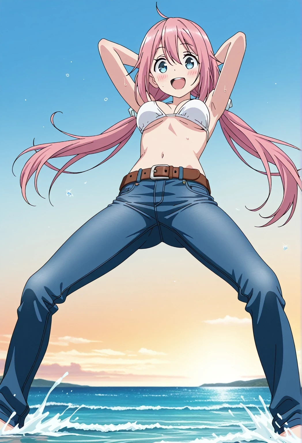 score_9, score_8_up, score_7_up, source_anime, highres, hi res, ((best quality, top quality, perfect quality, Highest Quality, amazing quality)), {{masterpiece}}, {{an extremely delicate and beautiful}}, 2d, intricate details, official style, anime, 8k, anime style, official_anime, official art, digital painting, cell shading, soft shading, high resolution, soothing tones, Subdued Color, Soft cinematic light, adobe lightroom, photolab, HDR, intricately and hyper-detailed, ((high quality animation)), 1 girl, Alone, solo, ((ocean)), tsunami, on the water, day, sunny, outdoors, sky, windy, nadeshiko kagamihara, blue eyes, hair between eyes, low twintails, long hair, pink hair, ahoge, scrunchie, hair scrunchie, white scrunchie, anime screencap, medium breasts, white bikini top, best quality, hyper-detailed jeans, belt, brown belt, (blue jeans:1.9)), (dark blue jeans:0.6), full medium body, medium shot, Open mouth, smiling, happy face, blush, sweat, standing, ((arms behind head:6.0)), bowlegged, sliding pose, action, looking at viewer, spread legs, Bend knees slightly, straight-on front view