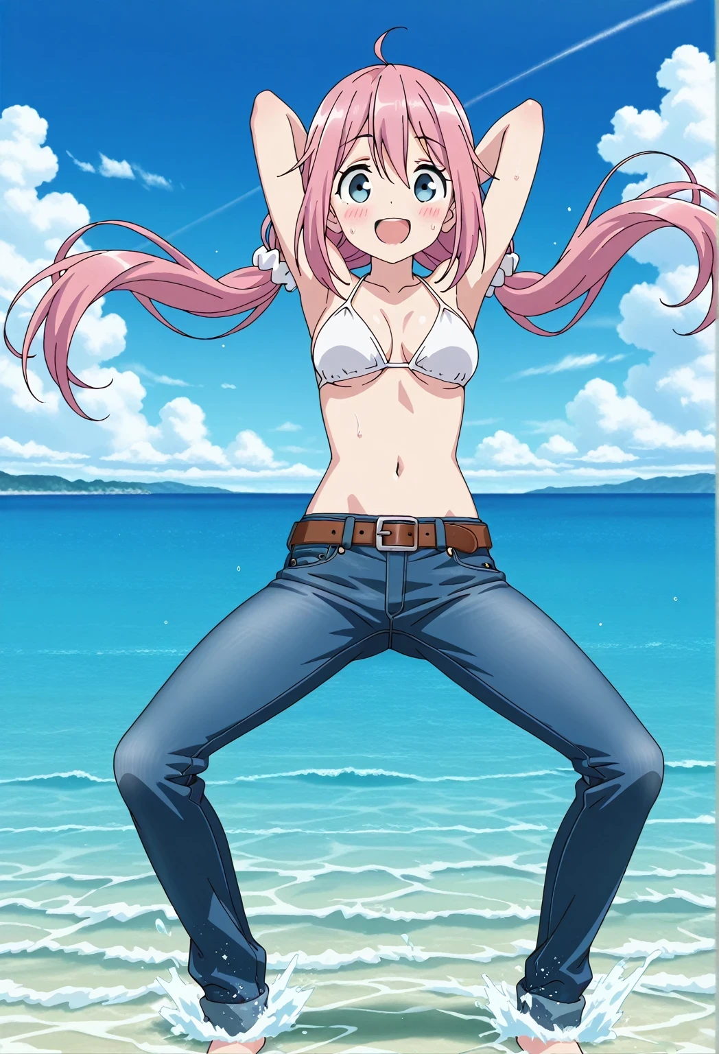 score_9, score_8_up, score_7_up, source_anime, highres, hi res, ((best quality, top quality, perfect quality, Highest Quality, amazing quality)), {{masterpiece}}, {{an extremely delicate and beautiful}}, 2d, intricate details, official style, anime, 8k, anime style, official_anime, official art, digital painting, cell shading, soft shading, high resolution, soothing tones, Subdued Color, Soft cinematic light, adobe lightroom, photolab, HDR, intricately and hyper-detailed, ((high quality animation)), 1 girl, Alone, solo, ((ocean)), tsunami, on the water, day, sunny, outdoors, sky, windy, nadeshiko kagamihara, blue eyes, hair between eyes, low twintails, long hair, pink hair, ahoge, scrunchie, hair scrunchie, white scrunchie, anime screencap, medium breasts, white bikini top, best quality, hyper-detailed jeans, belt, brown belt, (blue jeans:1.9)), (dark blue jeans:0.6), full medium body, medium shot, Open mouth, smiling, happy face, blush, sweat, standing, ((arms behind head:6.0)), bowlegged, jumping pose, action, looking at viewer, spread legs, Bend knees slightly, straight-on front view