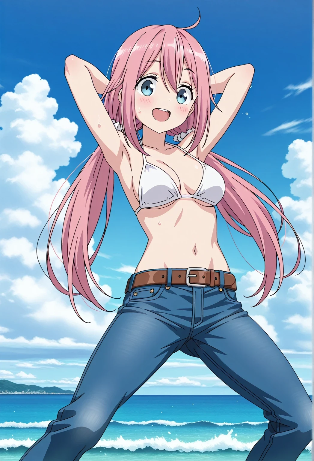 score_9, score_8_up, score_7_up, source_anime, highres, hi res, ((best quality, top quality, perfect quality, Highest Quality, amazing quality)), {{masterpiece}}, {{an extremely delicate and beautiful}}, 2d, intricate details, official style, anime, 8k, anime style, official_anime, official art, digital painting, cell shading, soft shading, high resolution, soothing tones, Subdued Color, Soft cinematic light, adobe lightroom, photolab, HDR, intricately and hyper-detailed, ((high quality animation)), 1 girl, Alone, solo, ((ocean)), tsunami, on the water, day, sunny, outdoors, sky, windy, nadeshiko kagamihara, blue eyes, hair between eyes, low twintails, long hair, pink hair, ahoge, scrunchie, hair scrunchie, white scrunchie, anime screencap, medium breasts, white bikini top, best quality, hyper-detailed jeans, belt, brown belt, (blue jeans:1.9)), (dark blue jeans:0.6), full medium body, medium shot, Open mouth, smiling, happy face, blush, sweat, standing, ((arms behind head:6.0)), bowlegged, sliding pose, action, looking at viewer, spread legs, Bend knees slightly, straight-on front view