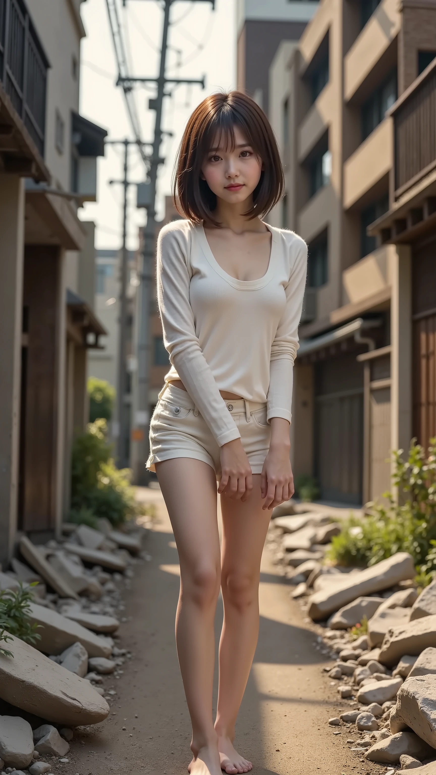 (((Malnourished Beautiful Girl)))、((A very thin body))、((hunger))、Full Body、thin legs、Thin Waist、Thin Belly、Highest Quality、Highest Image Quality、reality、((Very worried expression)), ((Scenery of the ruins of Tokyo in 2200))