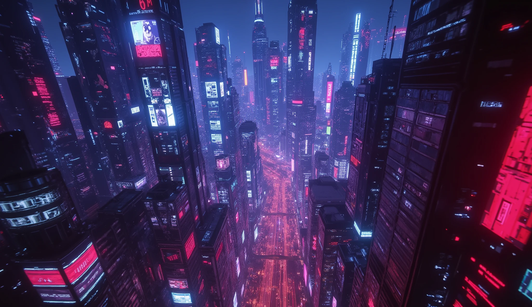 A vast neon cyberpunk city seen from above at night, skyscrapers glowing with glitching billboards, digital rain falling like blue / red holographic streams, ghostly avatars flickering in the streets below. Cinematic wide shot, ultra-detailed, 16:9, Lucid cinematic model.

The background shows the desolate ruins of a futuristic city: shattered skyscrapers, twisted steel beams, piles of rubble, and dust illuminated by shafts of pale moonlight. The atmosphere is cinematic, photorealistic, with razor-sharp details, subtle haze, and a haunting bittersweet mood — rendered in photorealistic style for FLUX.